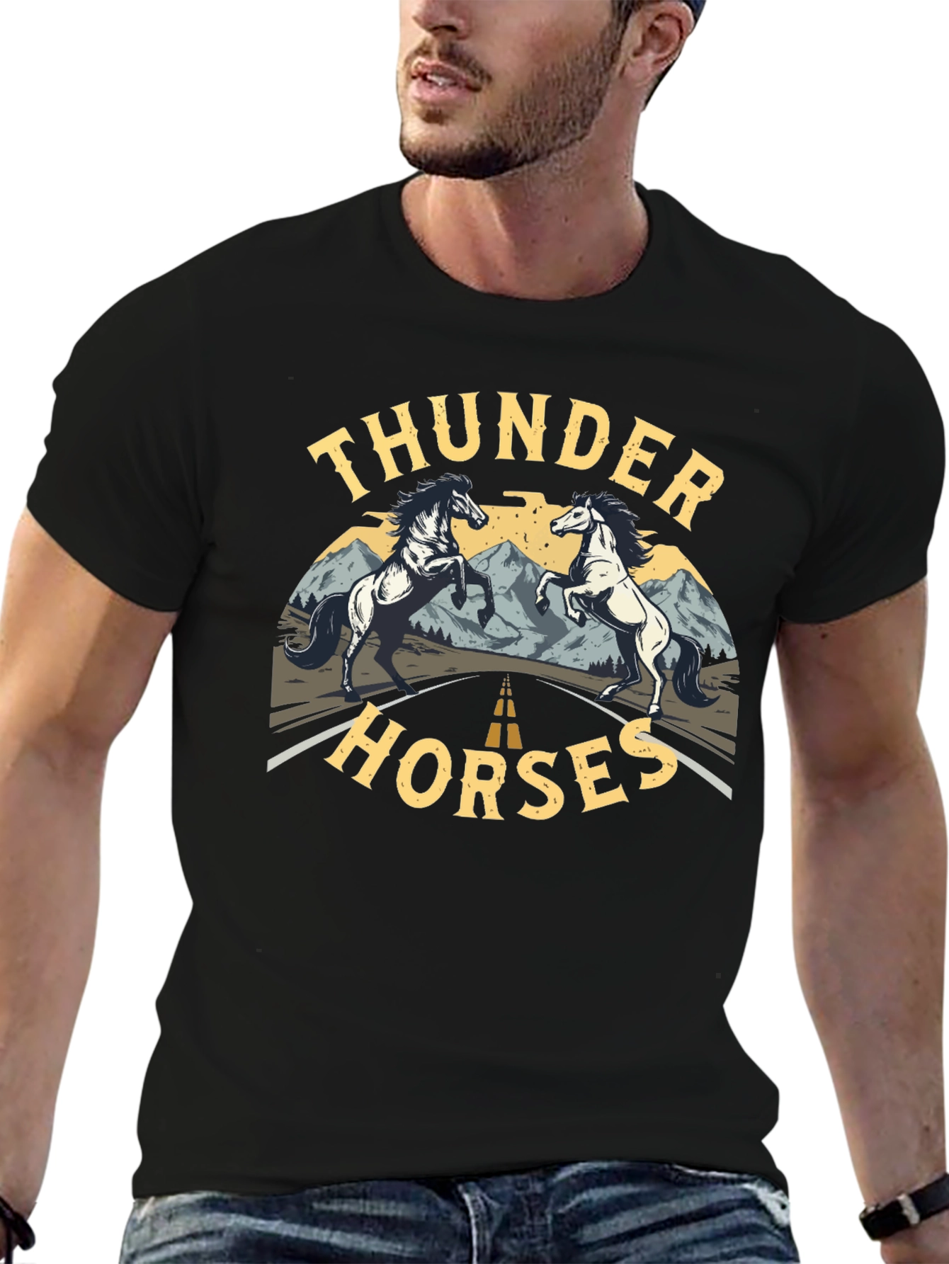 Black Thunder Horses Black Graphic T-Shirt view 6