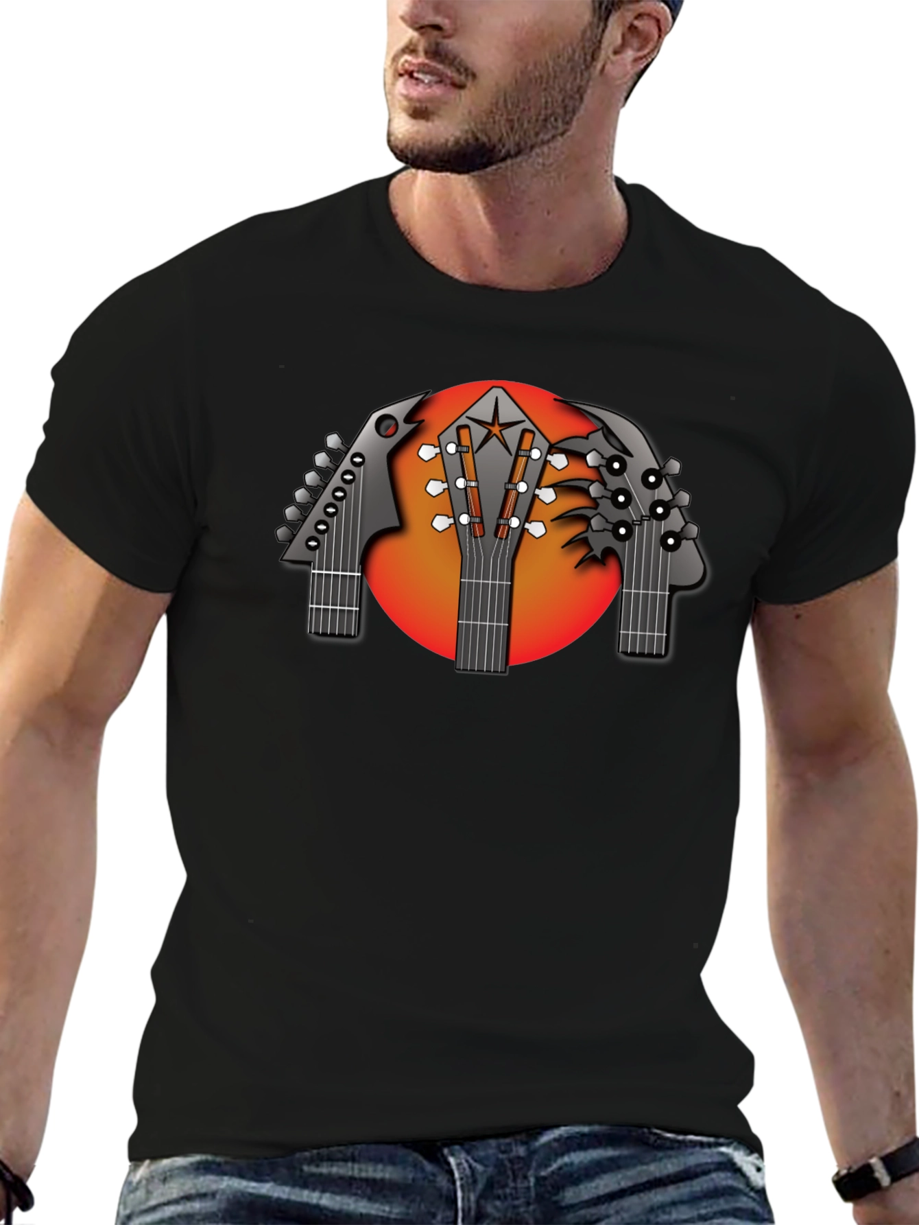 Black Guitar Headstock Graphic Black T-Shirt view 6