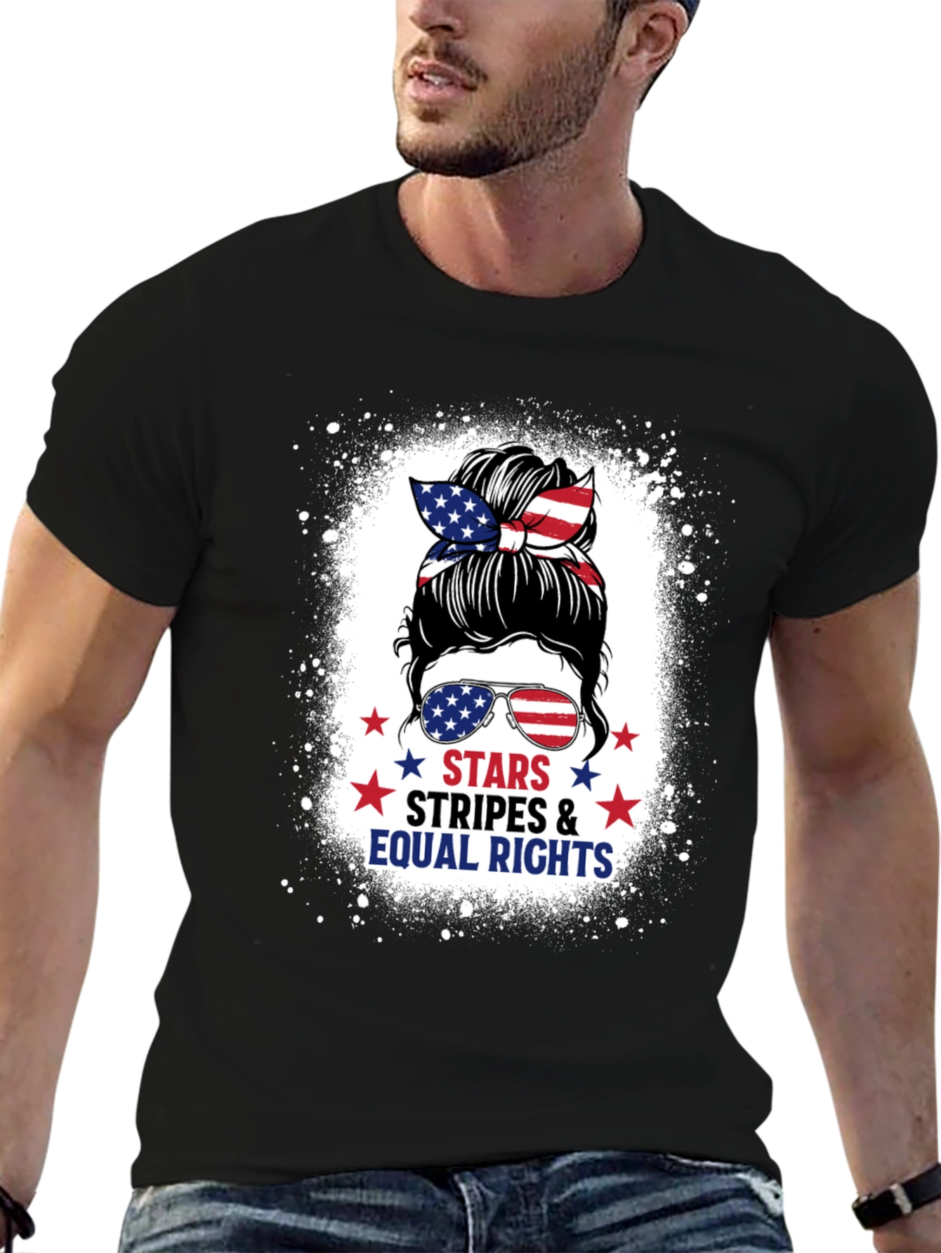Black Stars Stripes & Equal Rights Messy Bun T-Shirt view 6