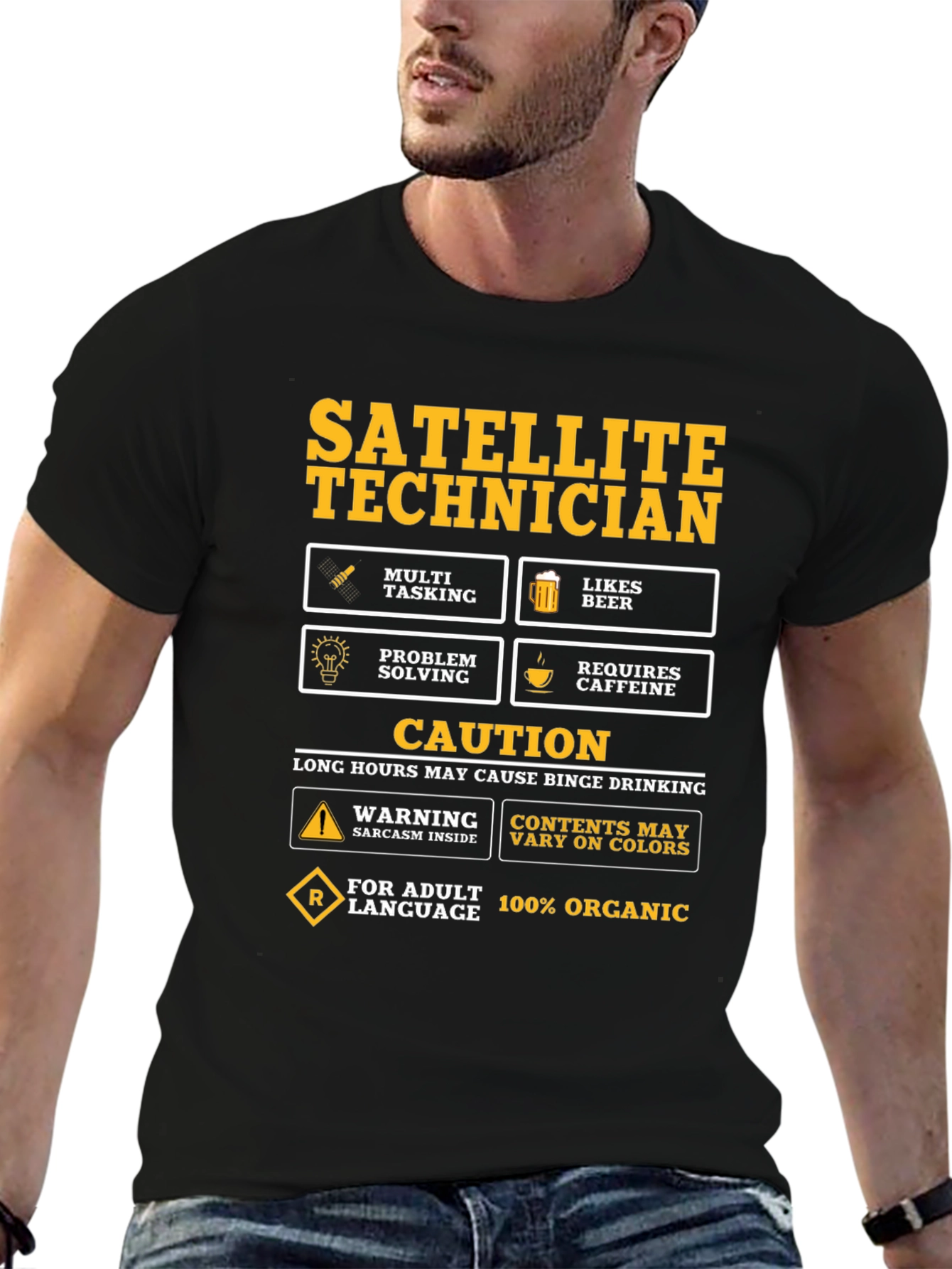 Black Satellite Technician Novelty T-Shirt view 6