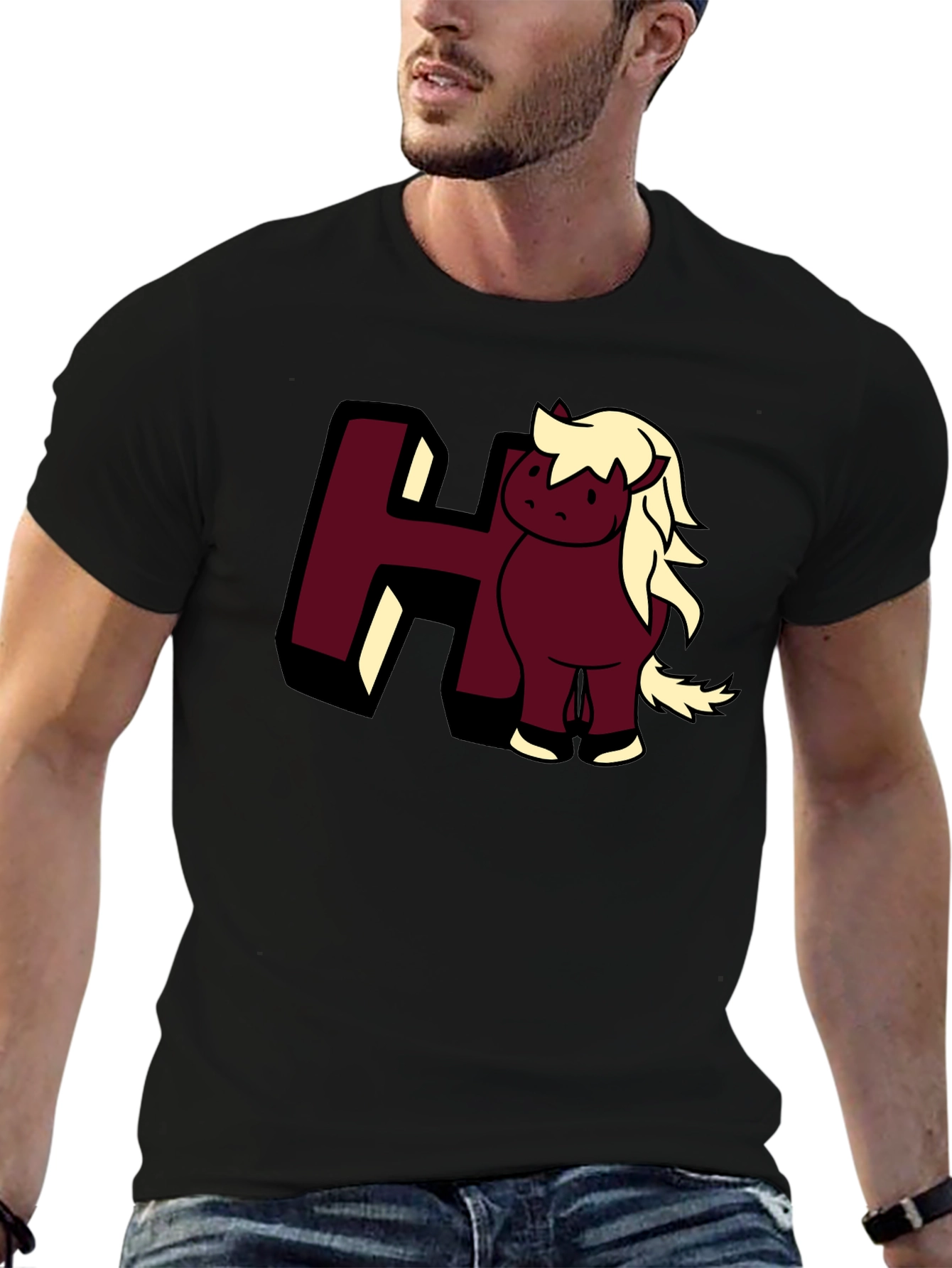 Black Cartoon Horse Tee: Cute Animal Graphic T-Shirt view 6
