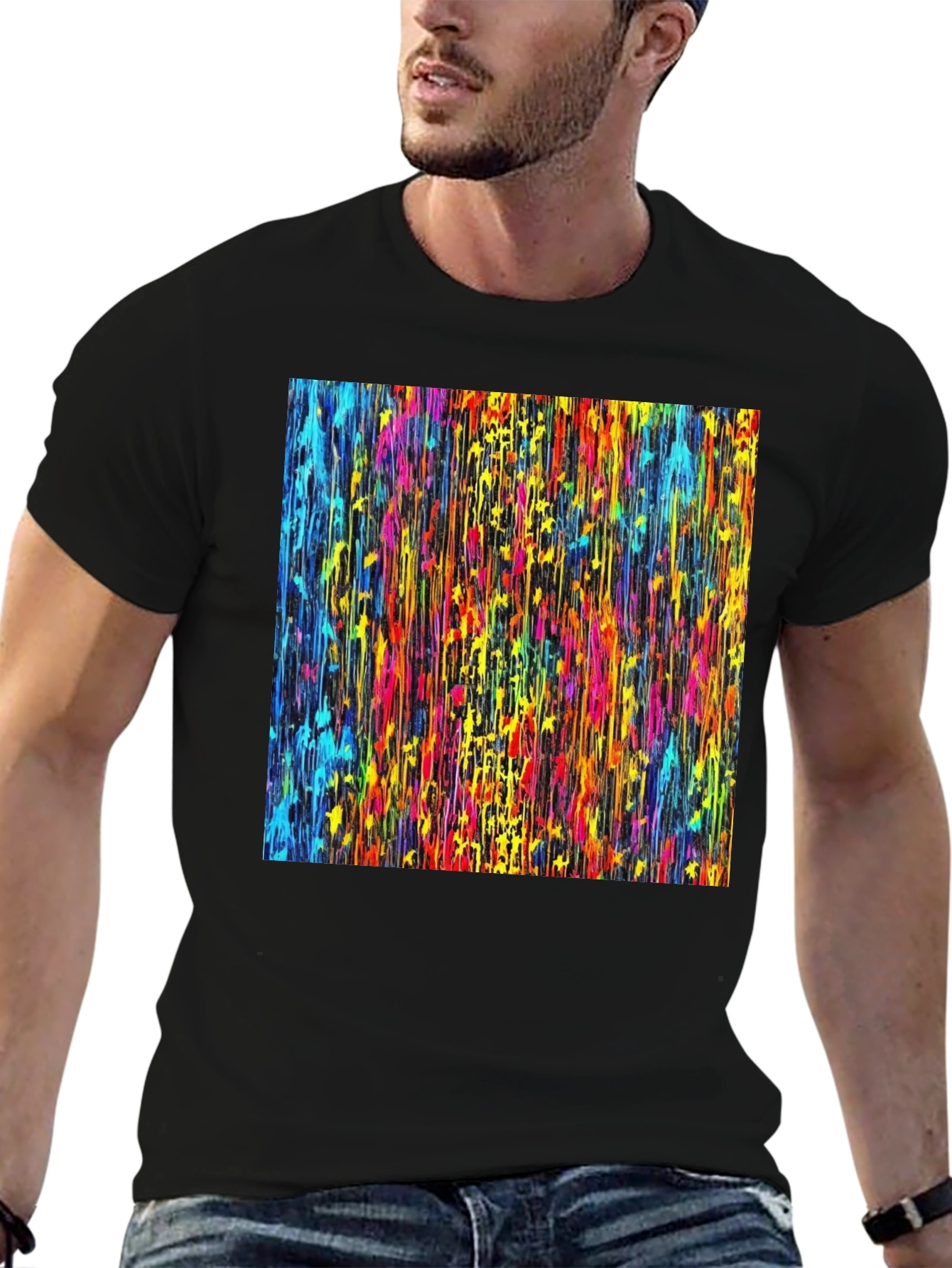 Black Vibrant Dripping Paint Graphic Tee - Artsy Black T-Shirt view 6