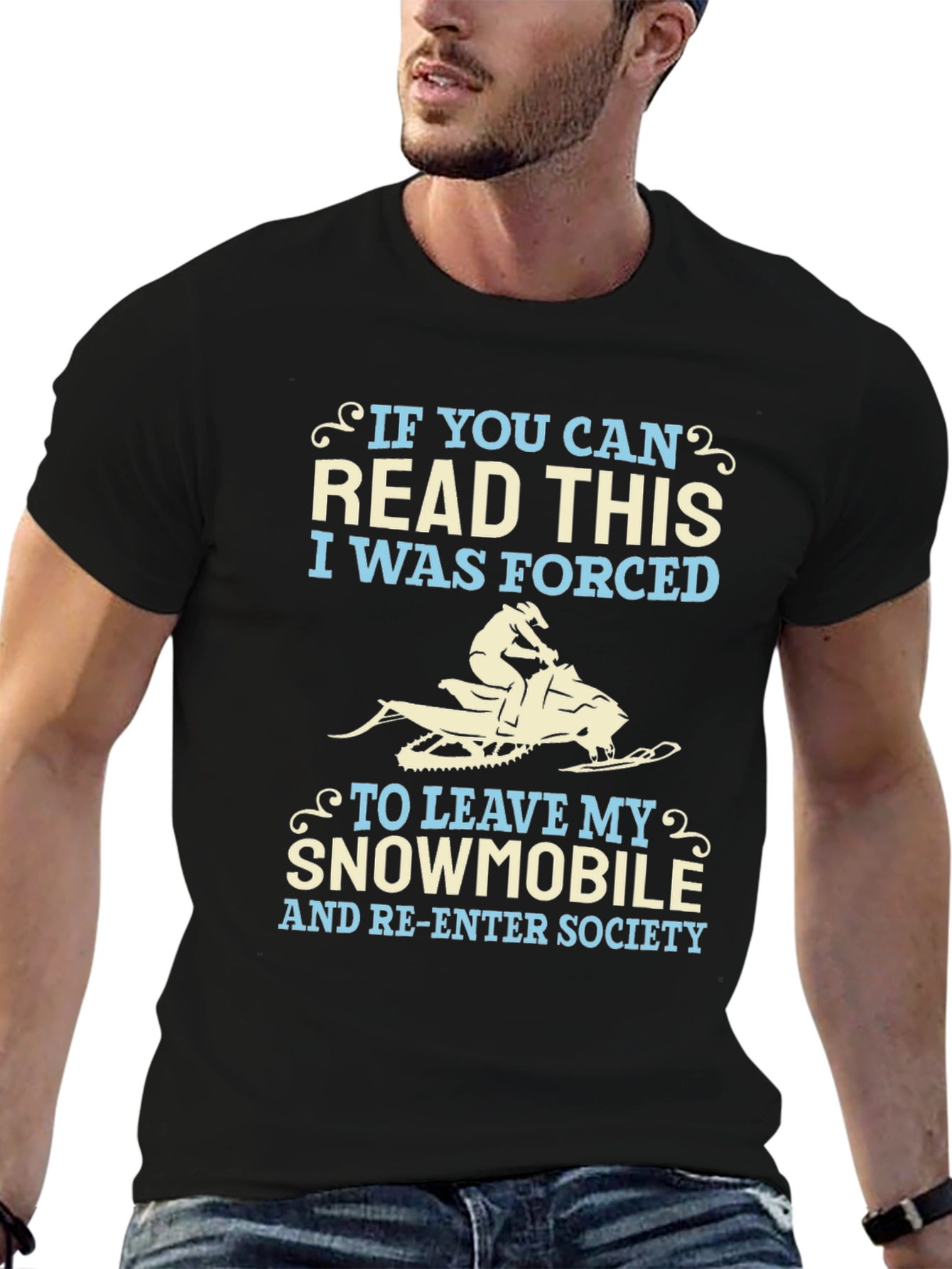 Black Funny Snowmobile T-Shirt - Forced to Re-Enter Society view 6