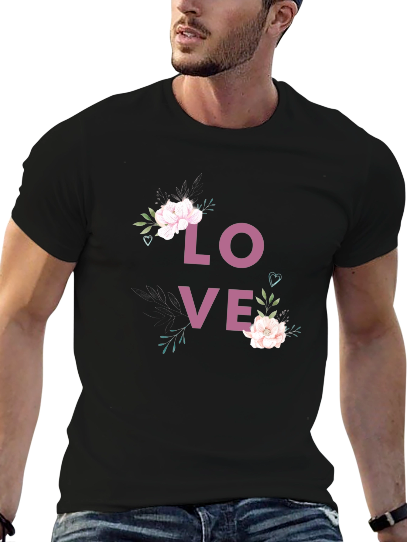 Black Floral LOVE Graphic Print Crew Neck T-Shirt view 6