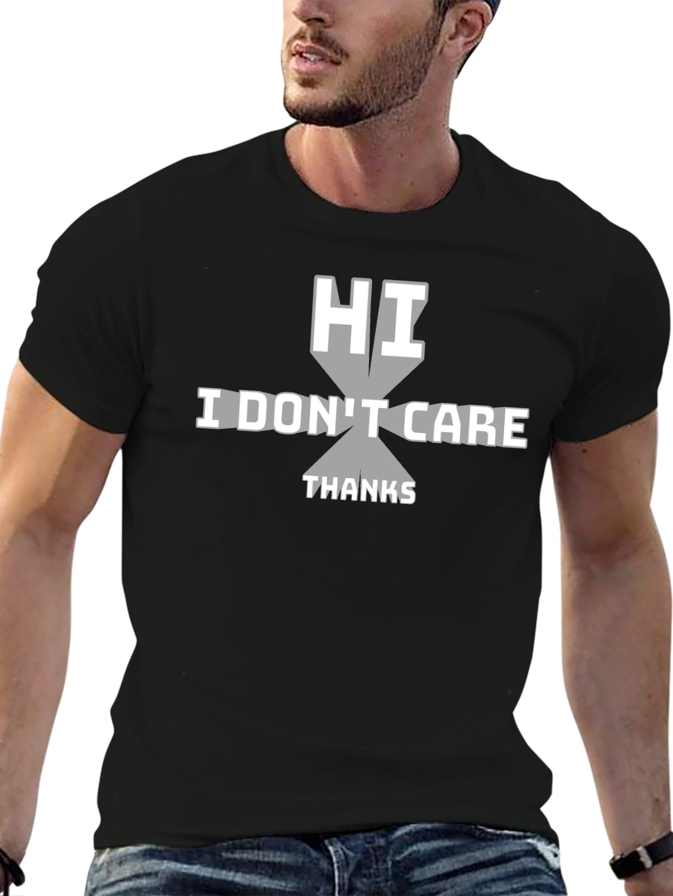 Black Humorous "Hi, I Don't Care" Graphic Tee view 6