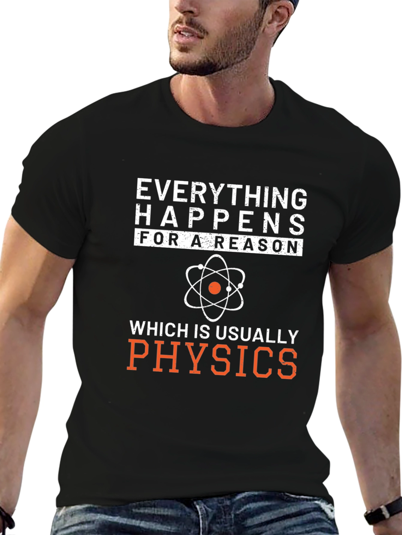 Black Everything Happens Physics T-Shirt view 6