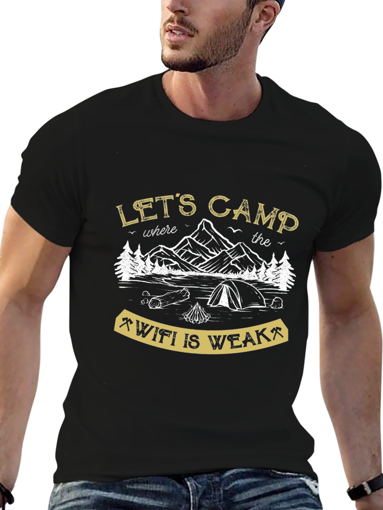 Black Let's Camp Where the Wifi is Weak Black T-Shirt view 6