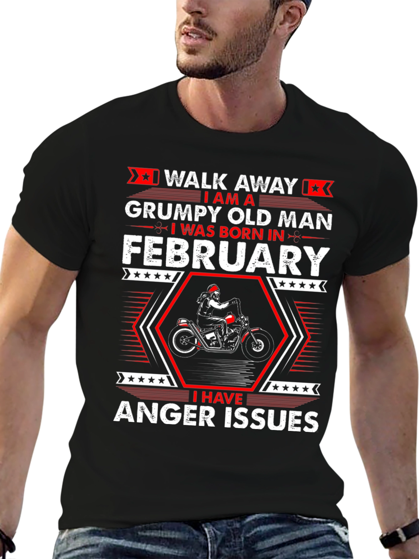 Black Grumpy Old Man Born in February T-Shirt view 6