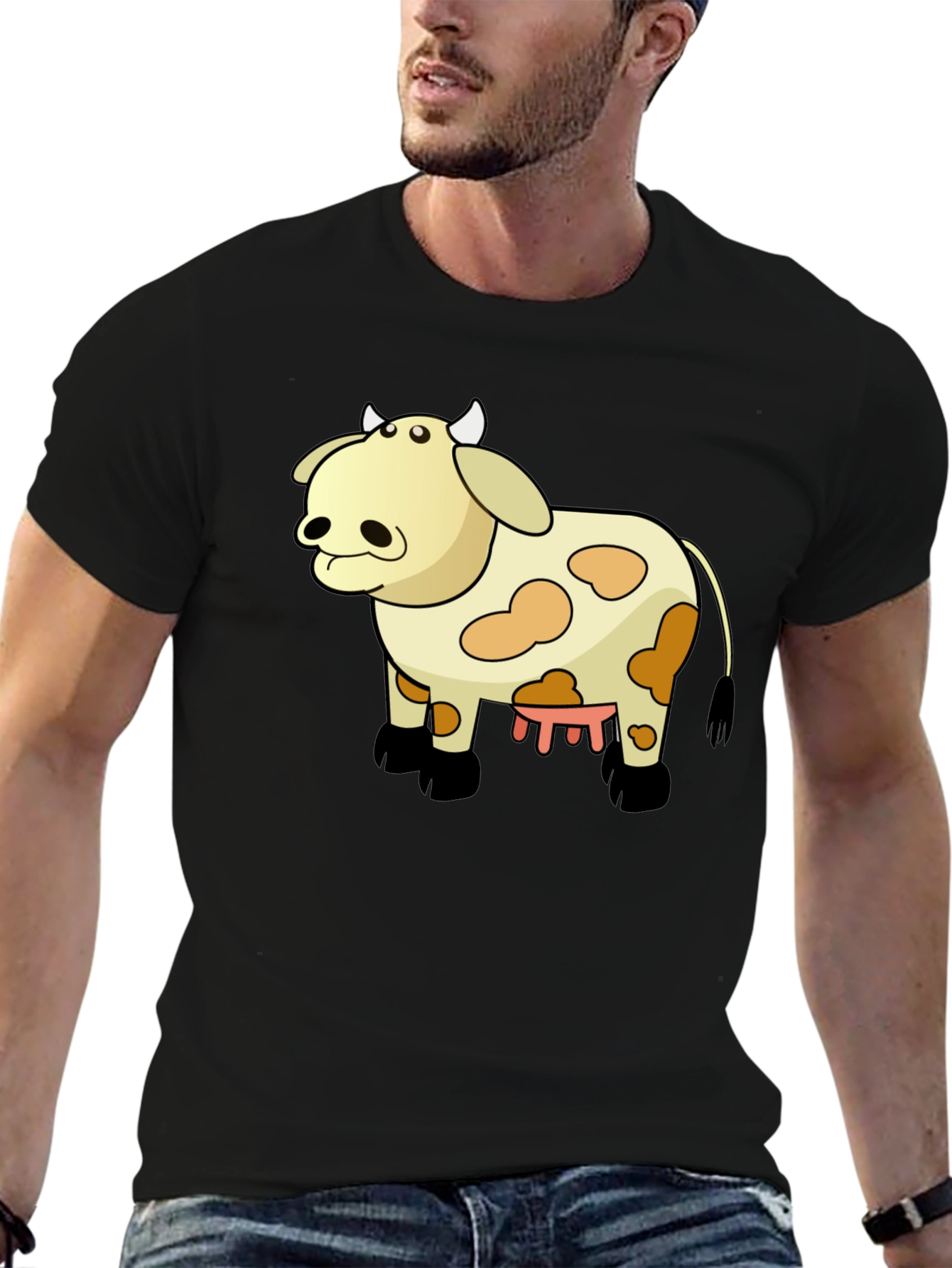 Black Cartoon Cow T-Shirt - Black Cotton Tee view 6