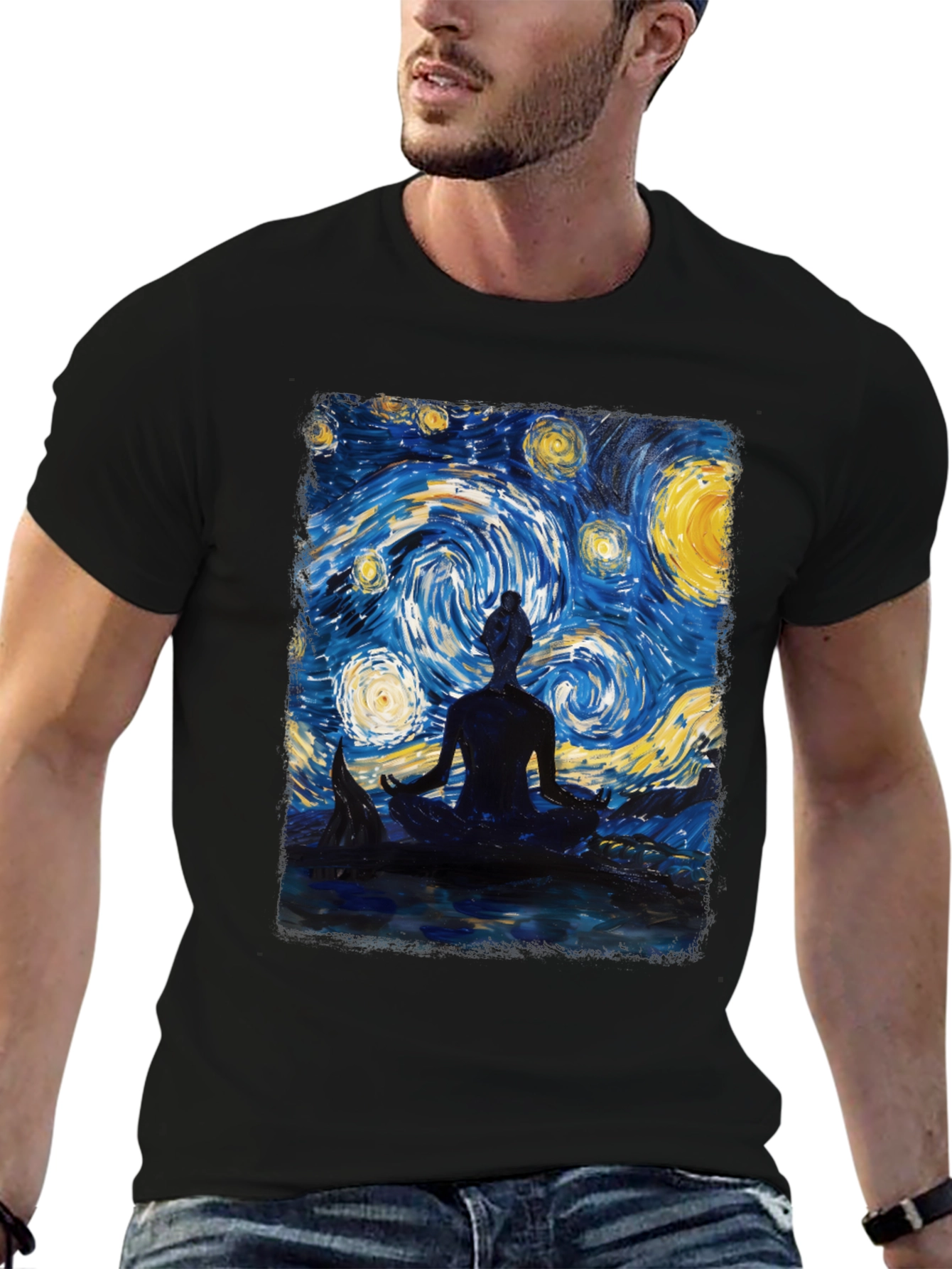 Black Starry Night Meditation T-Shirt view 6
