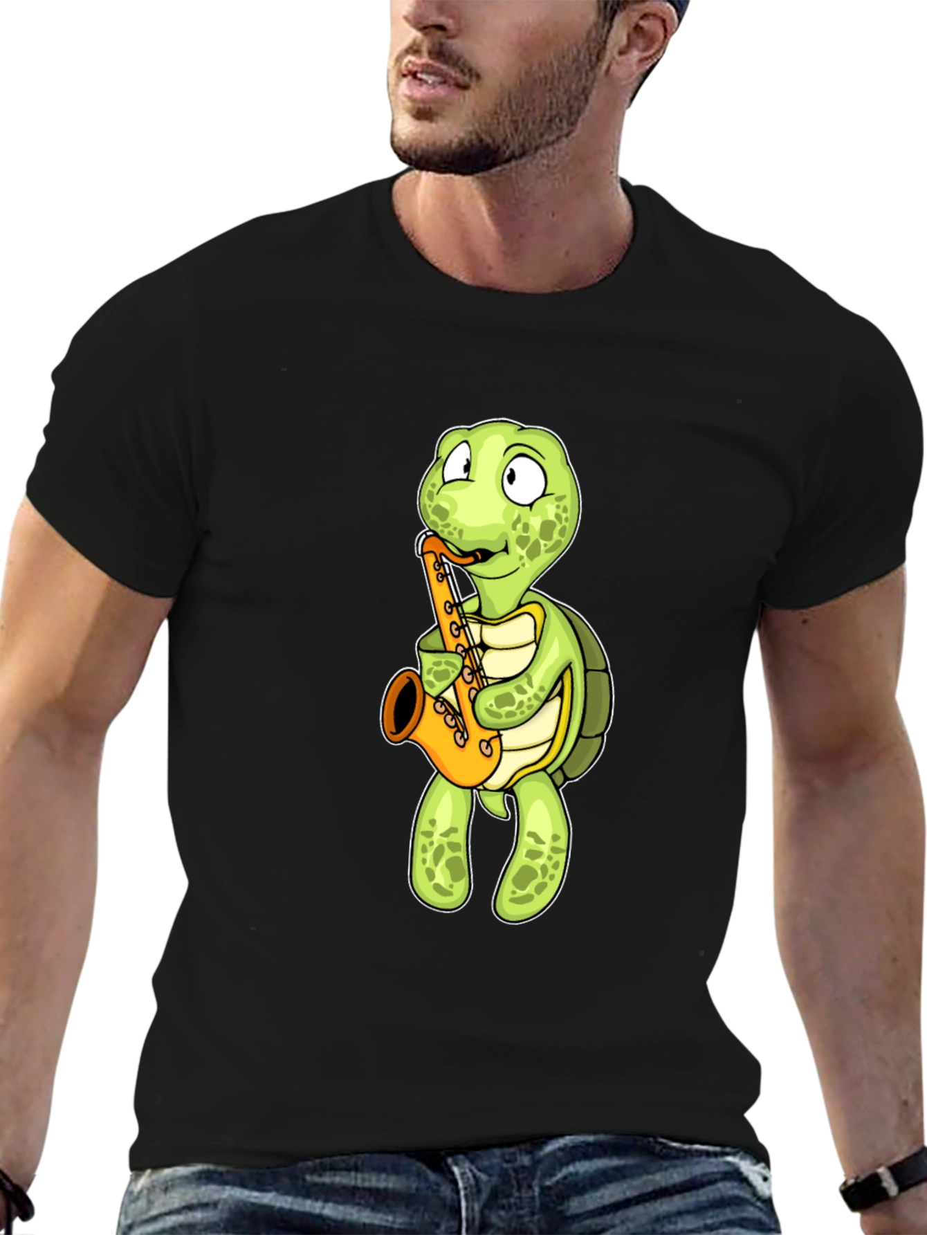 Black Turtle Saxophone T-Shirt - Black Cotton Tee view 6