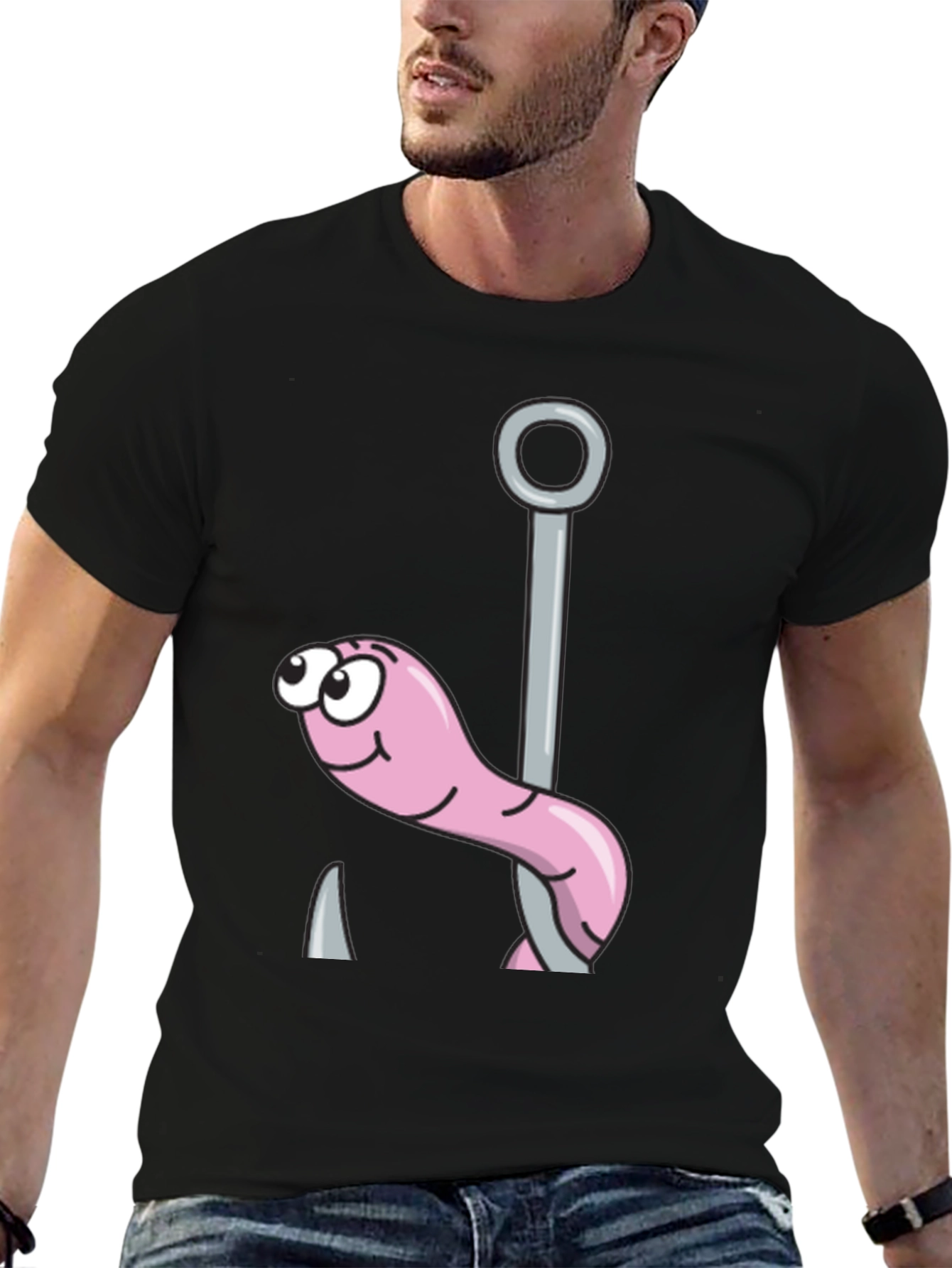 Black Cartoon Worm & Hook Tee view 6