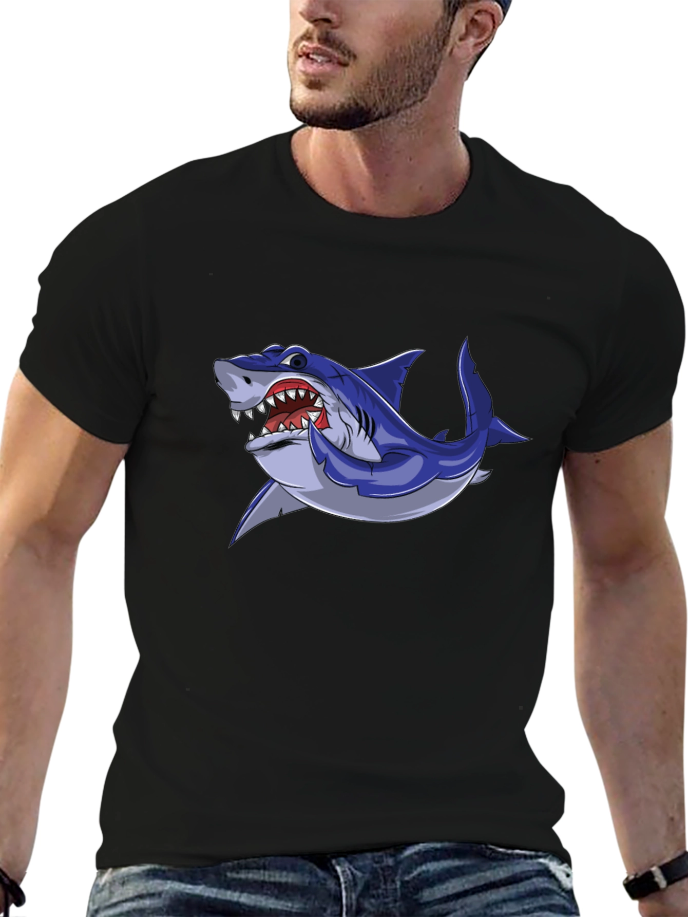 Black Cool Shark Graphic Tee - Black Cotton Blend view 6
