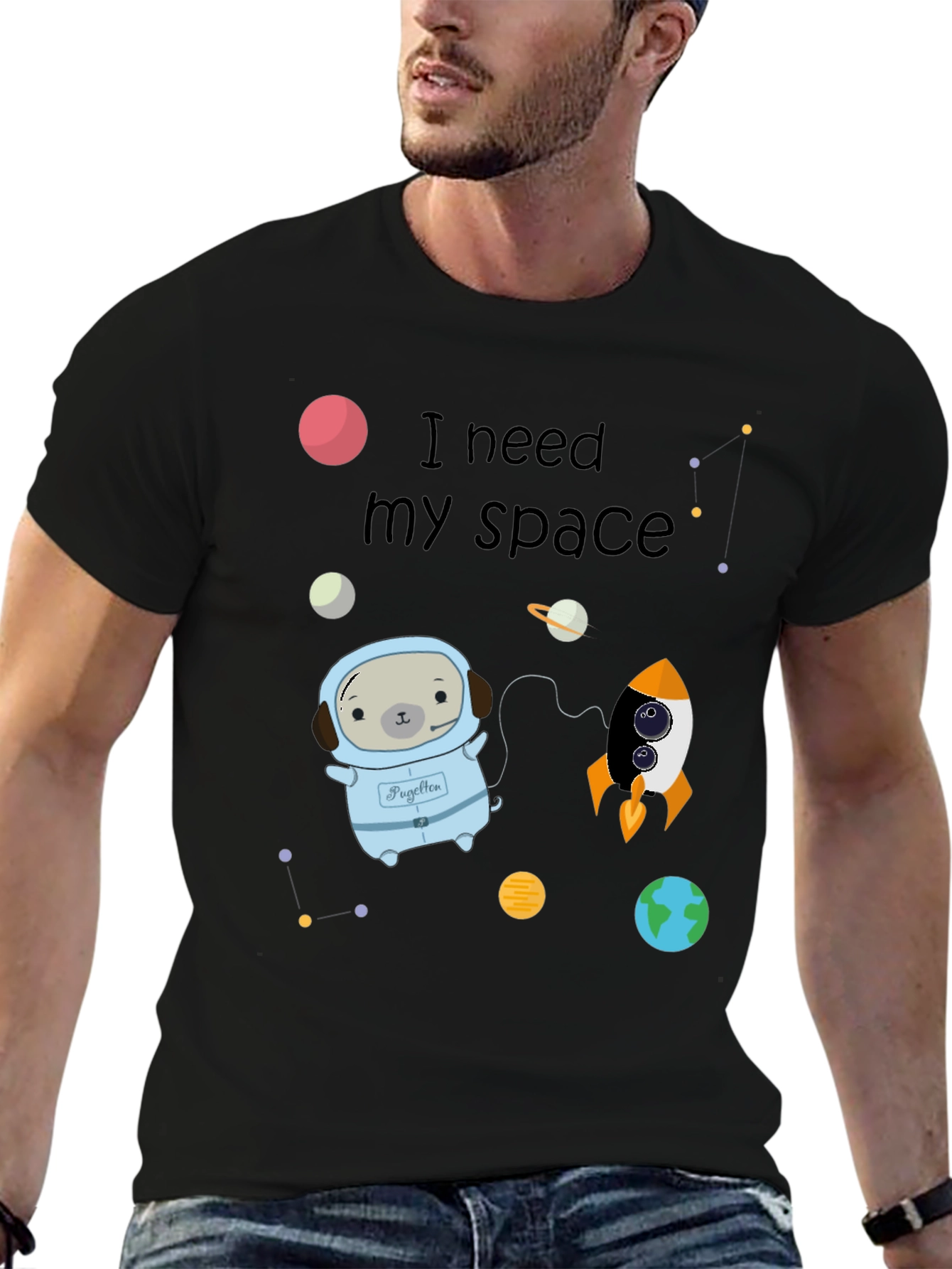 Black I Need My Space Pug Black T-Shirt view 6