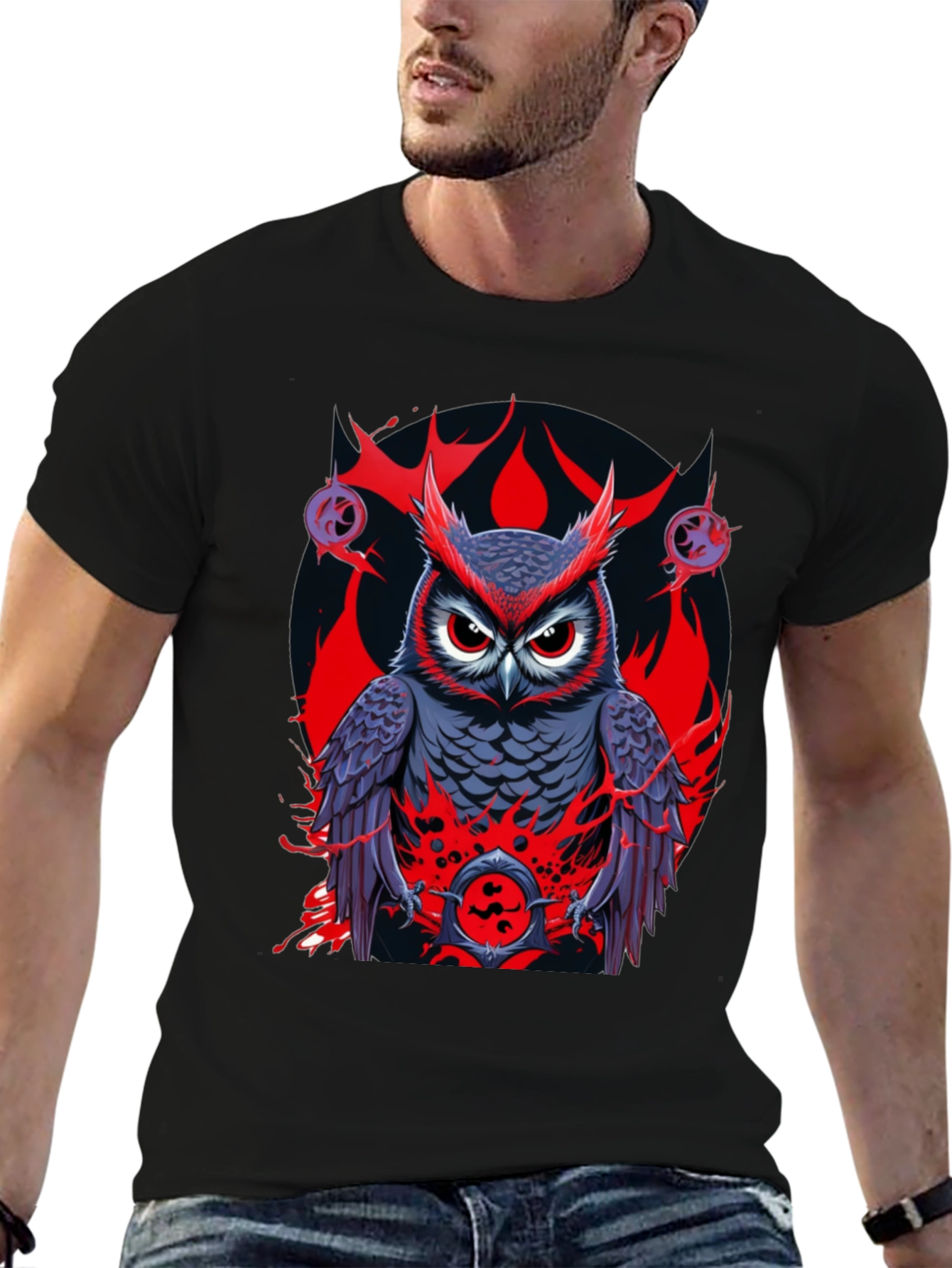 Black Owl Graphic Print Tee - Men's Black T-Shirt view 6