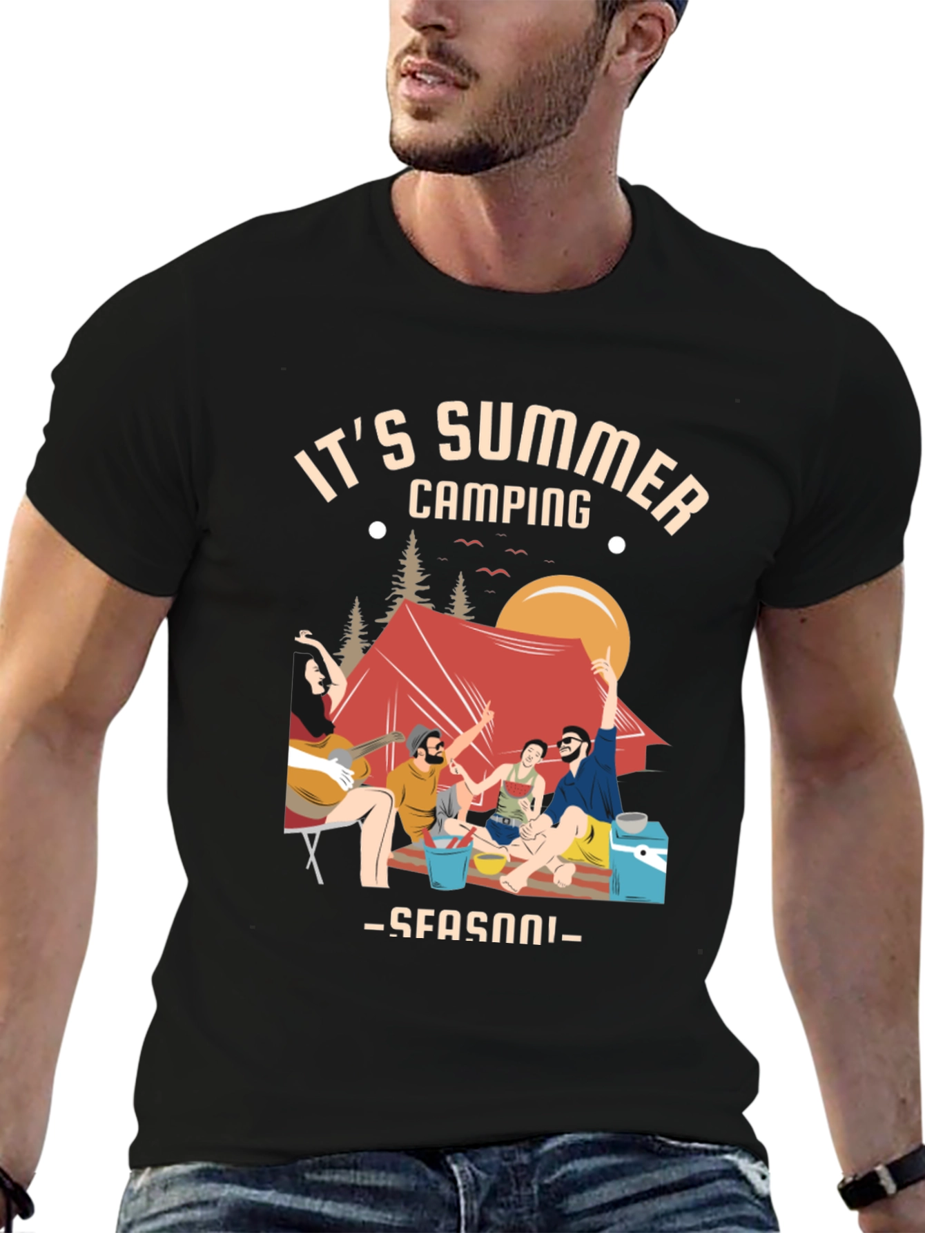 Black Summer Camping Graphic Tee - Black Unisex T-Shirt view 6