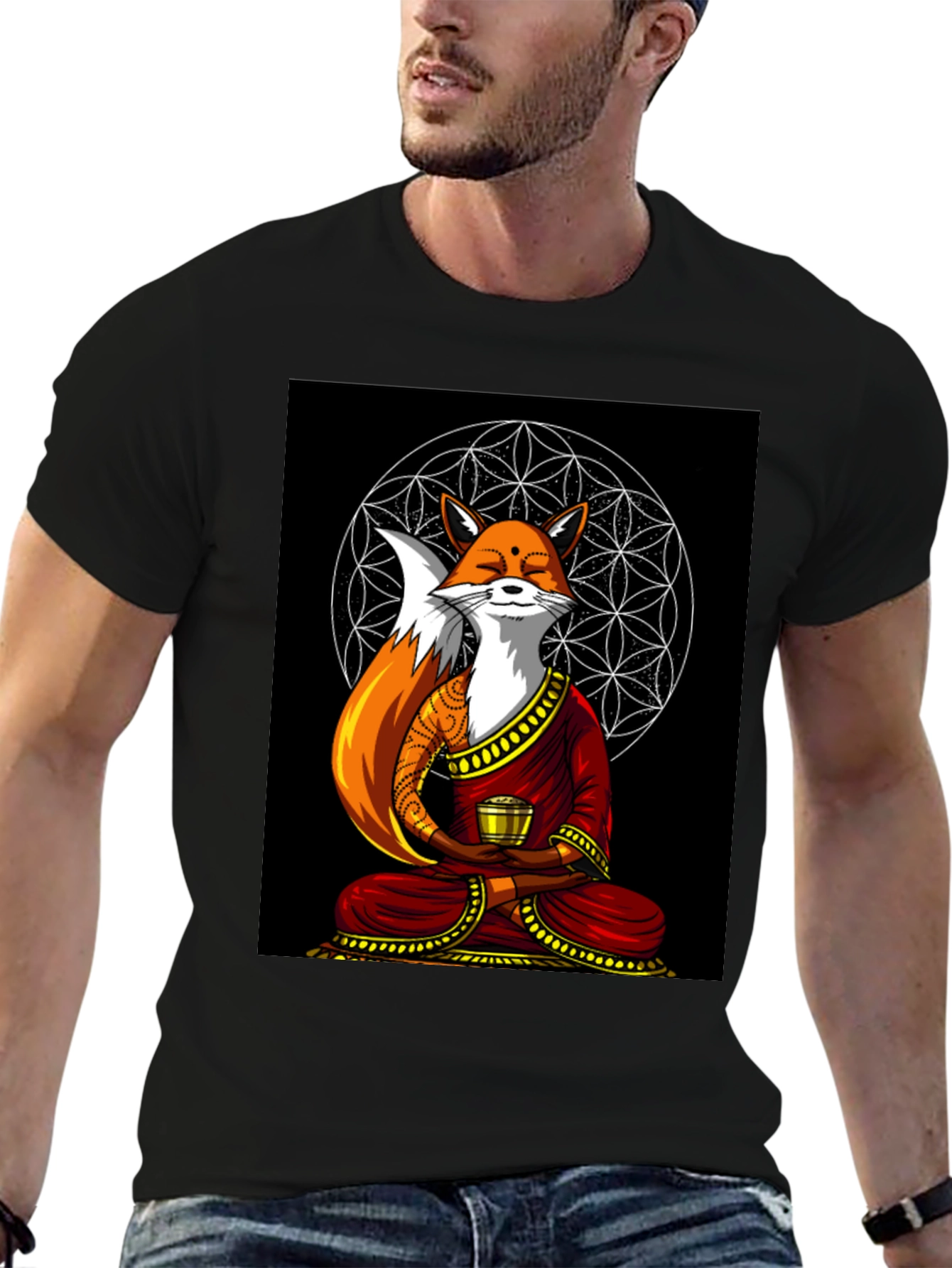 Black Zen Fox T-Shirt - Meditating Design view 6