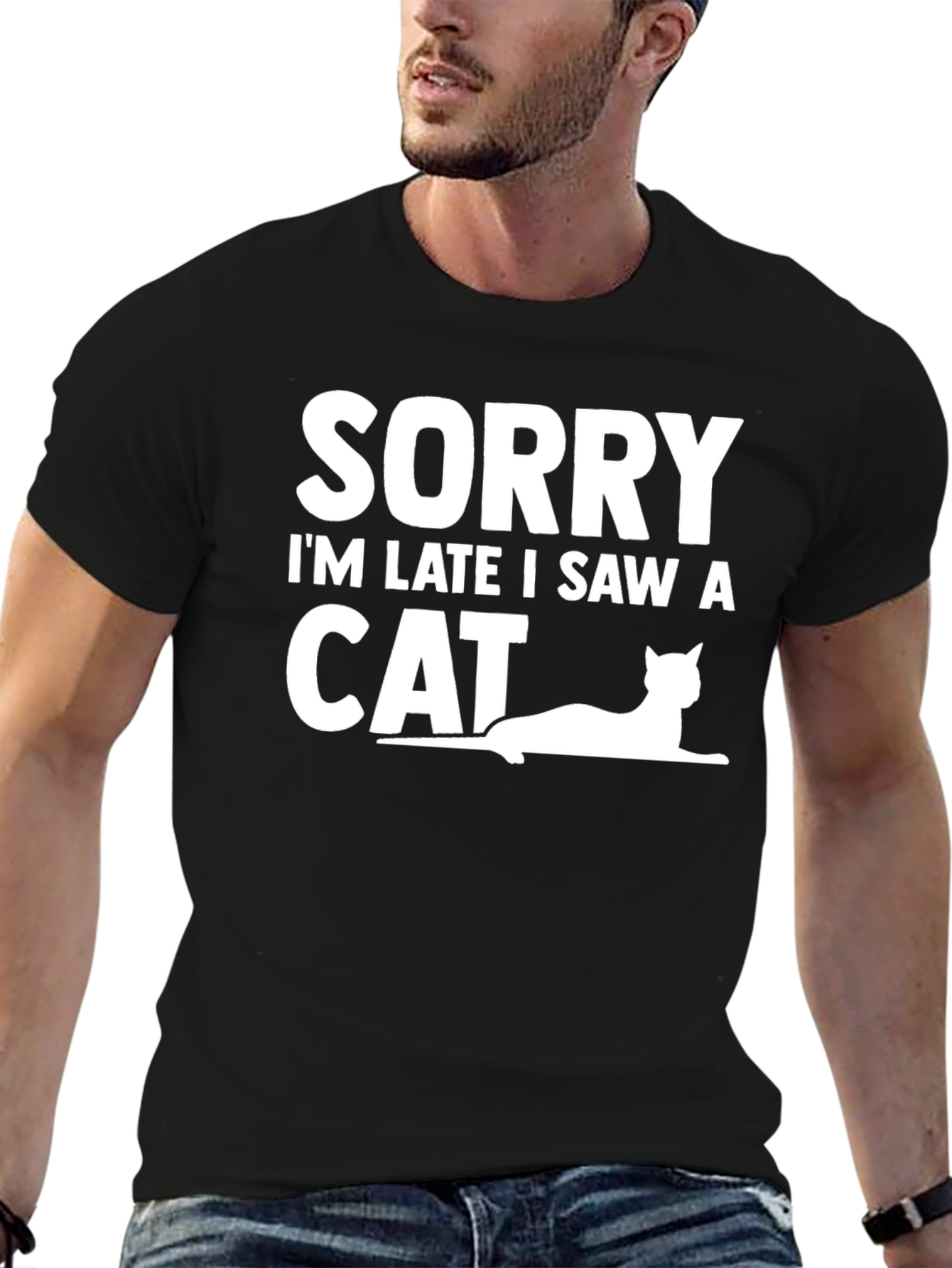 Black Funny Cat Lover T-Shirt - Sorry I'm Late view 6