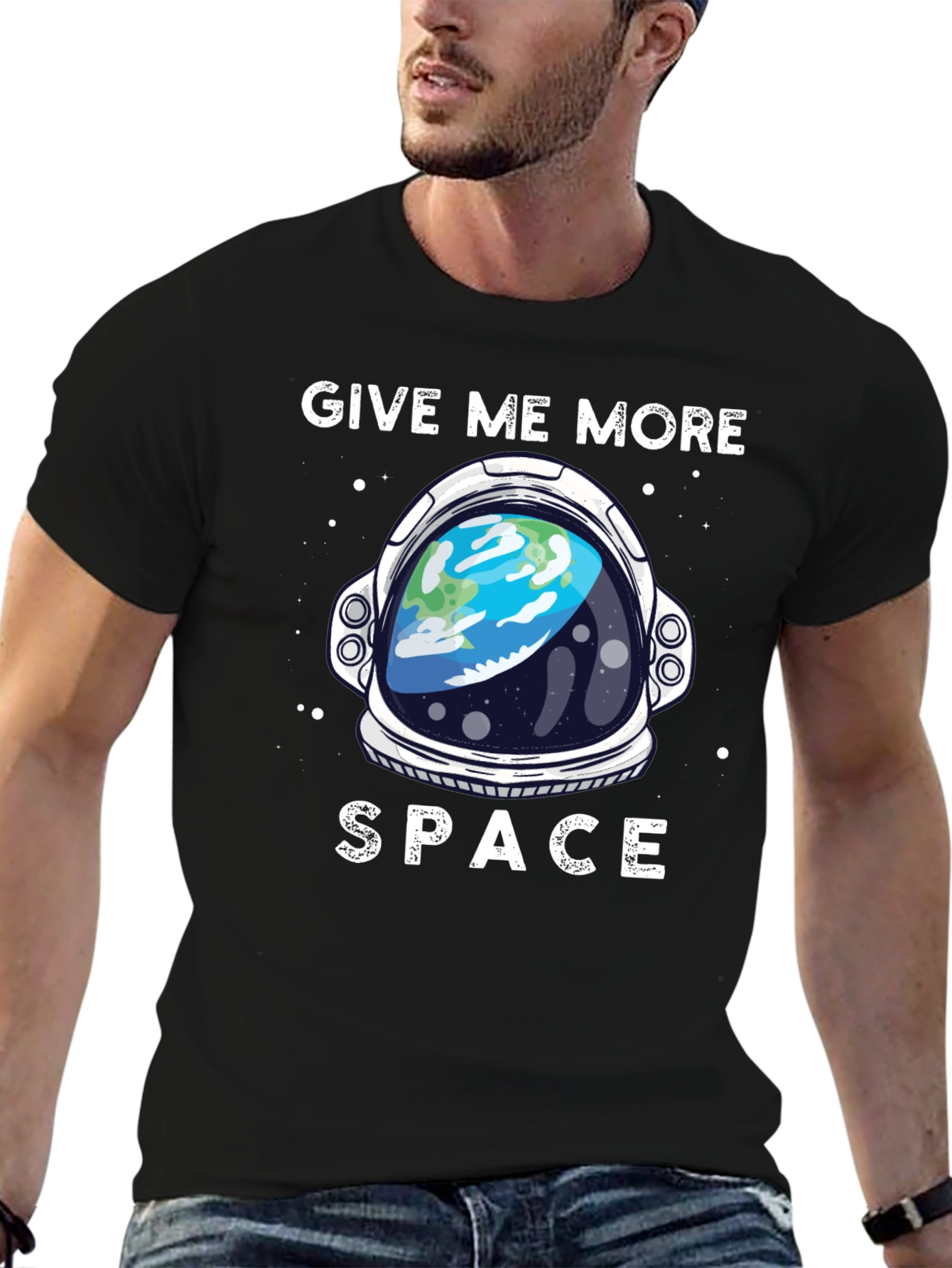 Black Give Me More Space T-Shirt - Astronaut Helmet Earth Design view 6