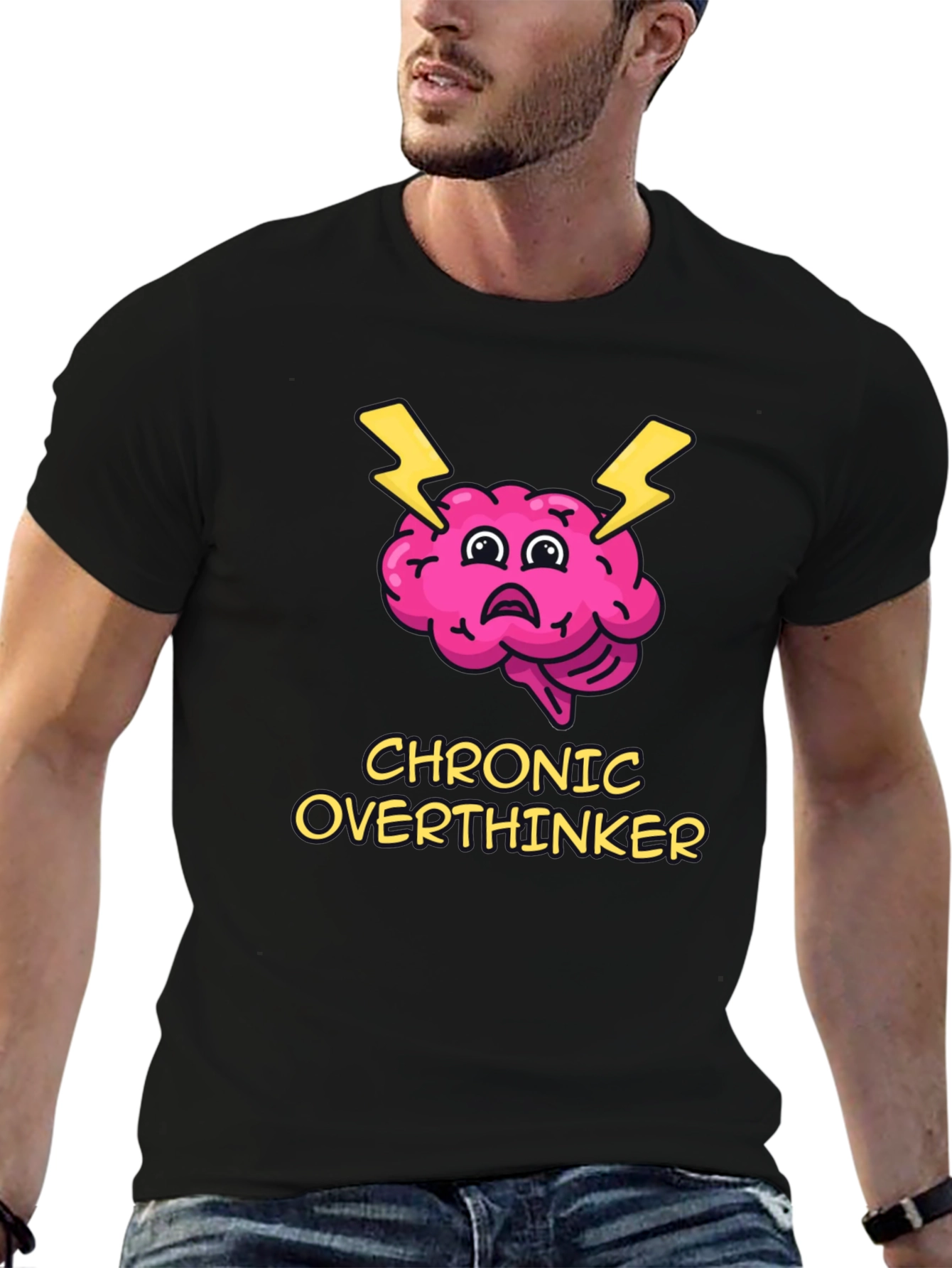 Black Chronic Overthinker Brain T-Shirt - Quirky Graphic Tee view 6