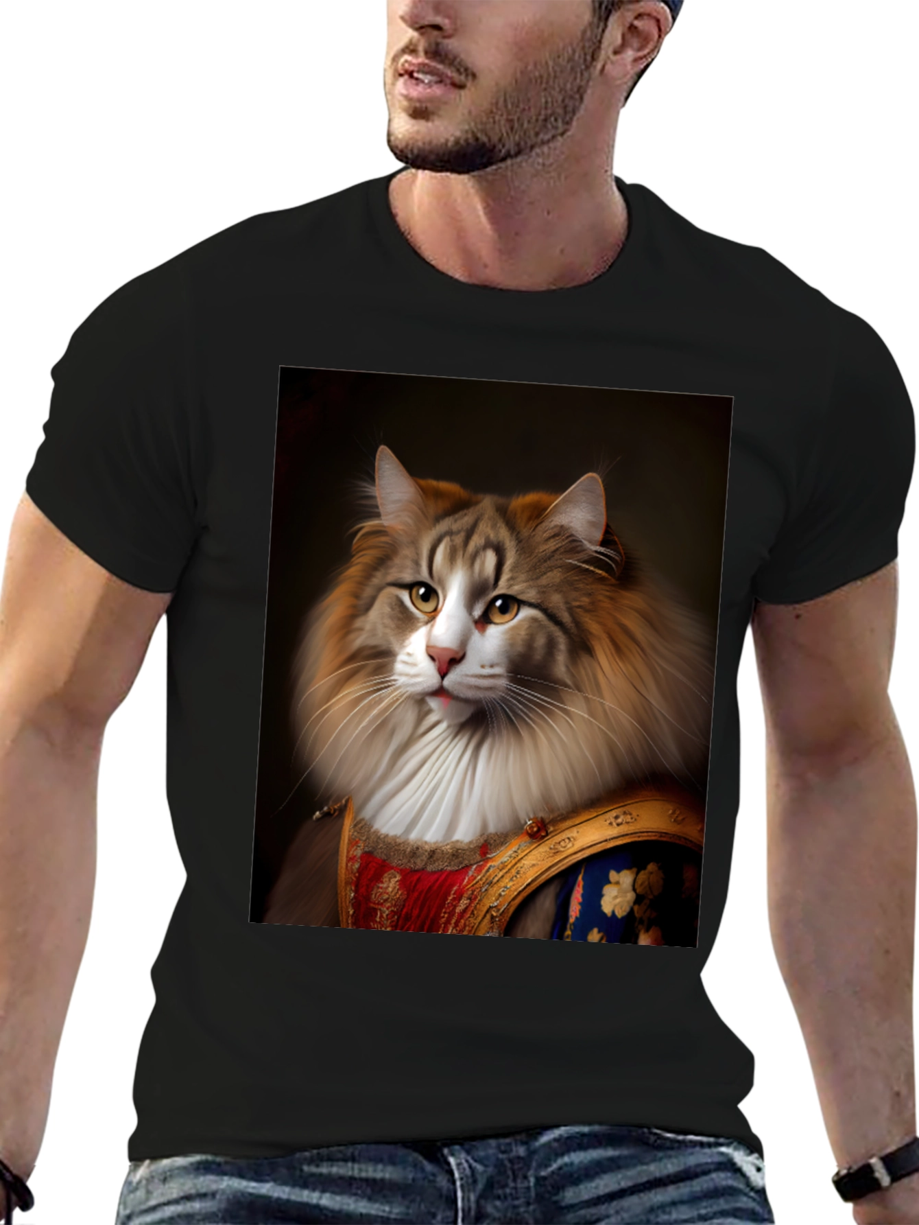 Black Regal Cat Portrait T-Shirt - Unique Design view 6