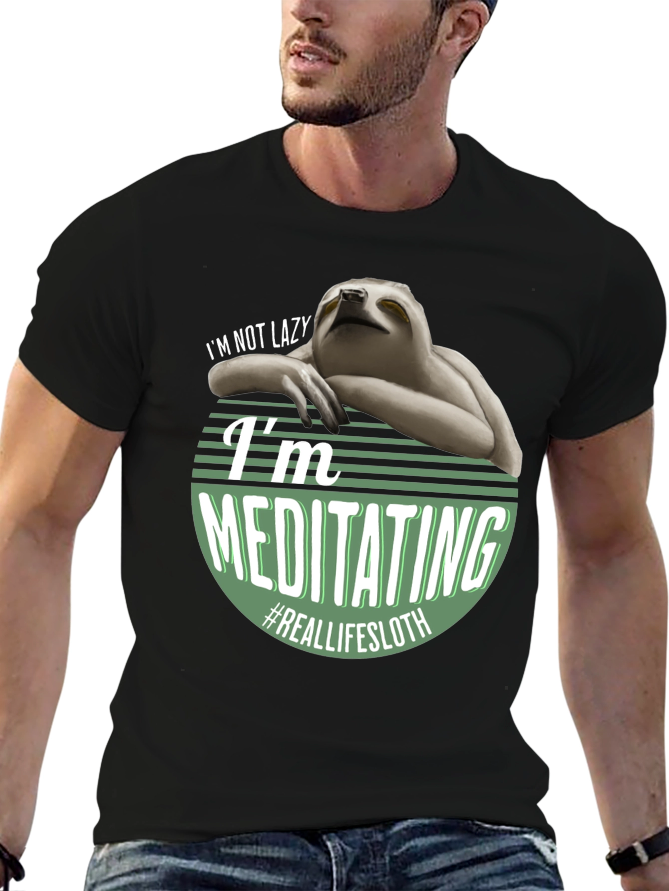 Black Funny Sloth Meditating T-Shirt - Real Life Sloth view 6