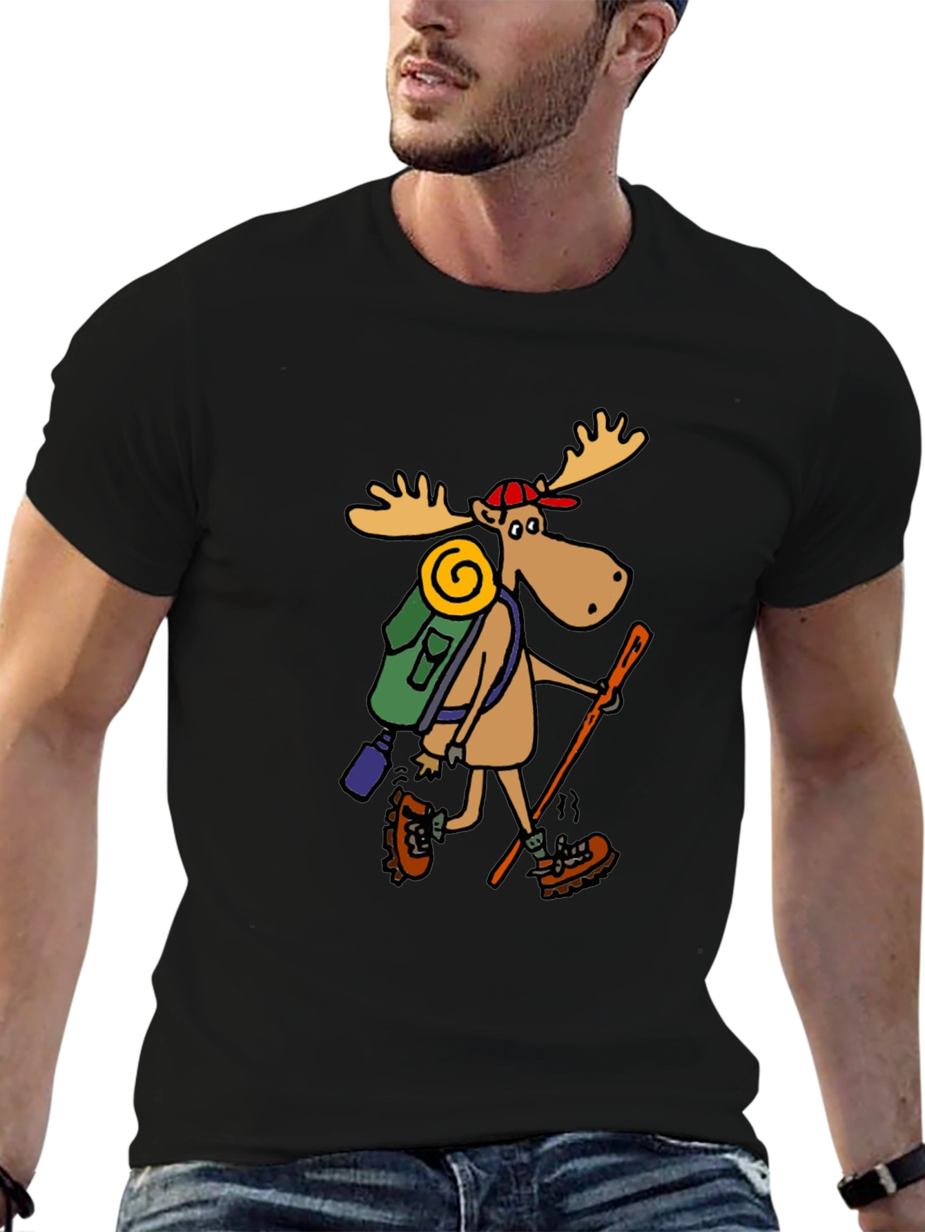 Black Hiking Moose Graphic Tee - Black Cotton T-Shirt view 6