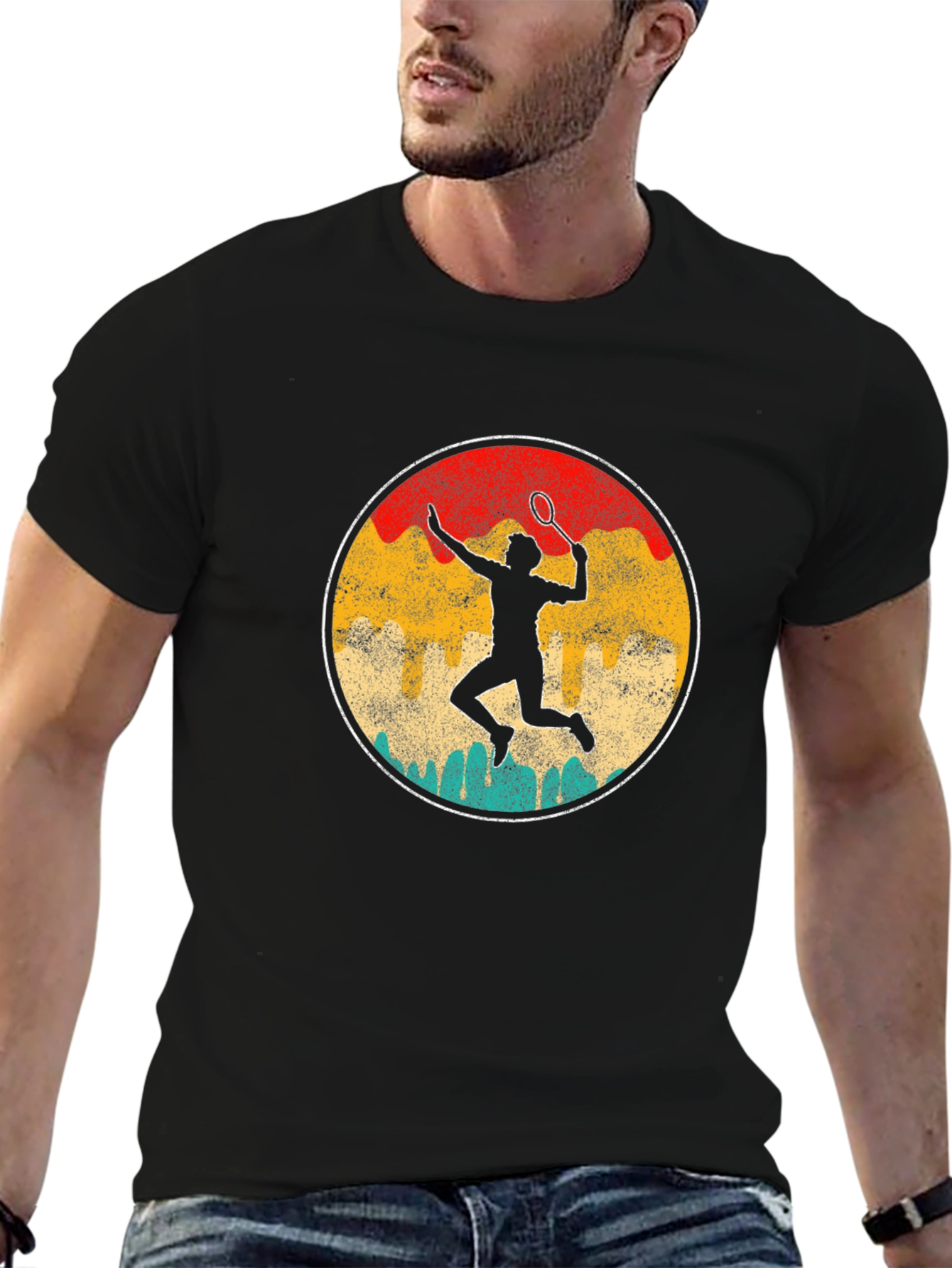 Black Vintage Badminton Player Graphic T-Shirt view 6