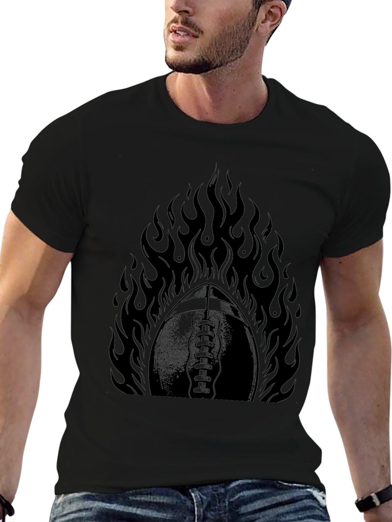 Black Fiery Football Graphic Tee - Black Cotton view 6
