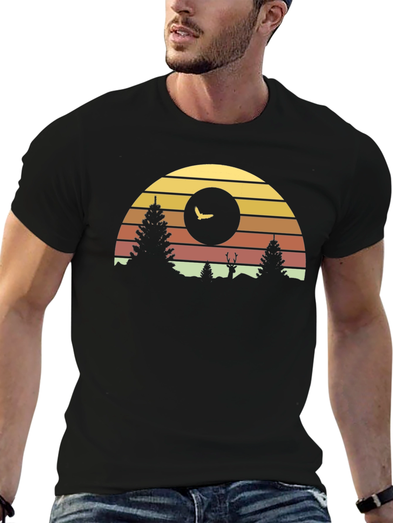 Black Retro Sunset Forest Graphic Tee view 6