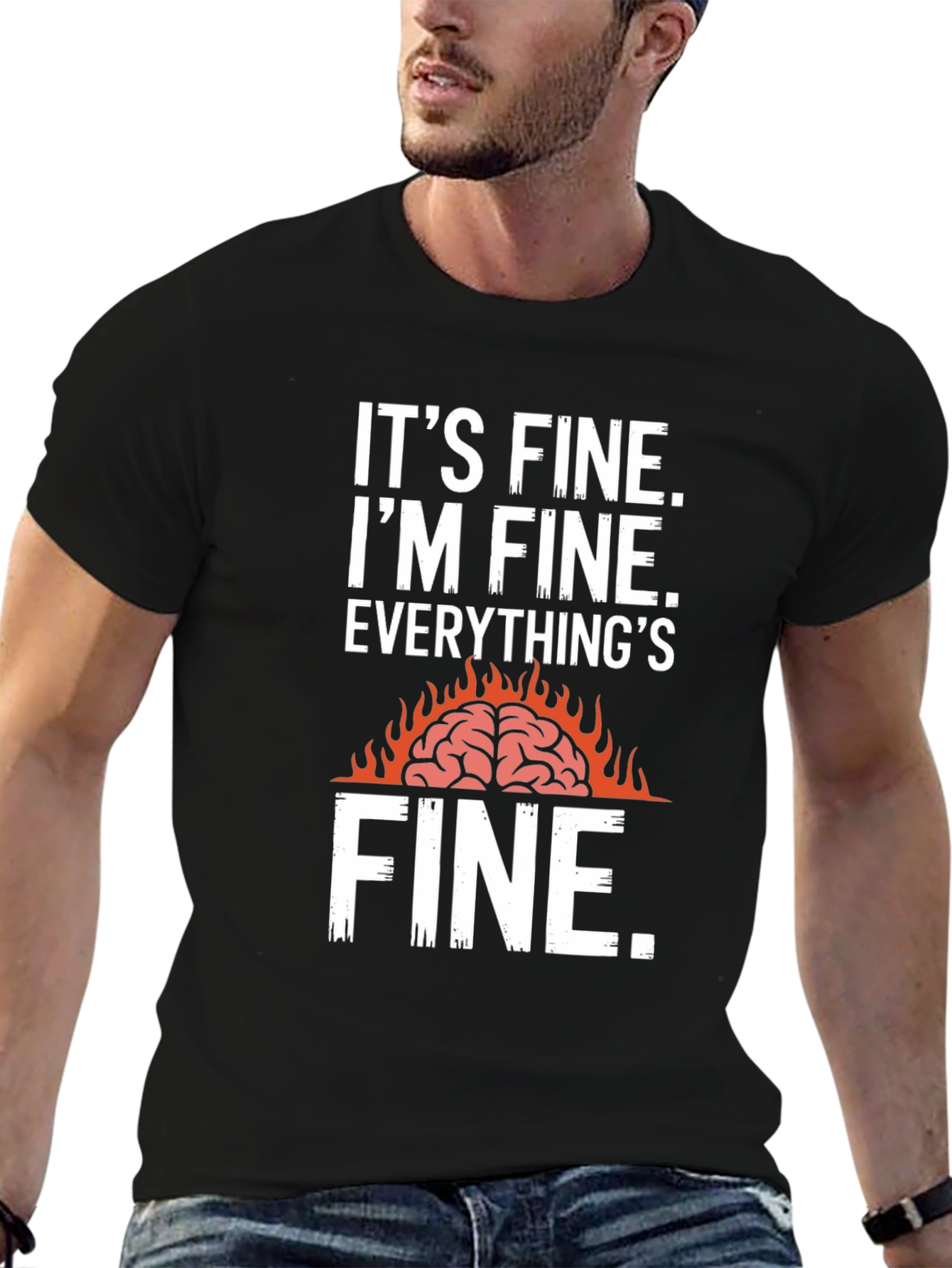 Black It's Fine Burning Brain Graphic T-Shirt view 6