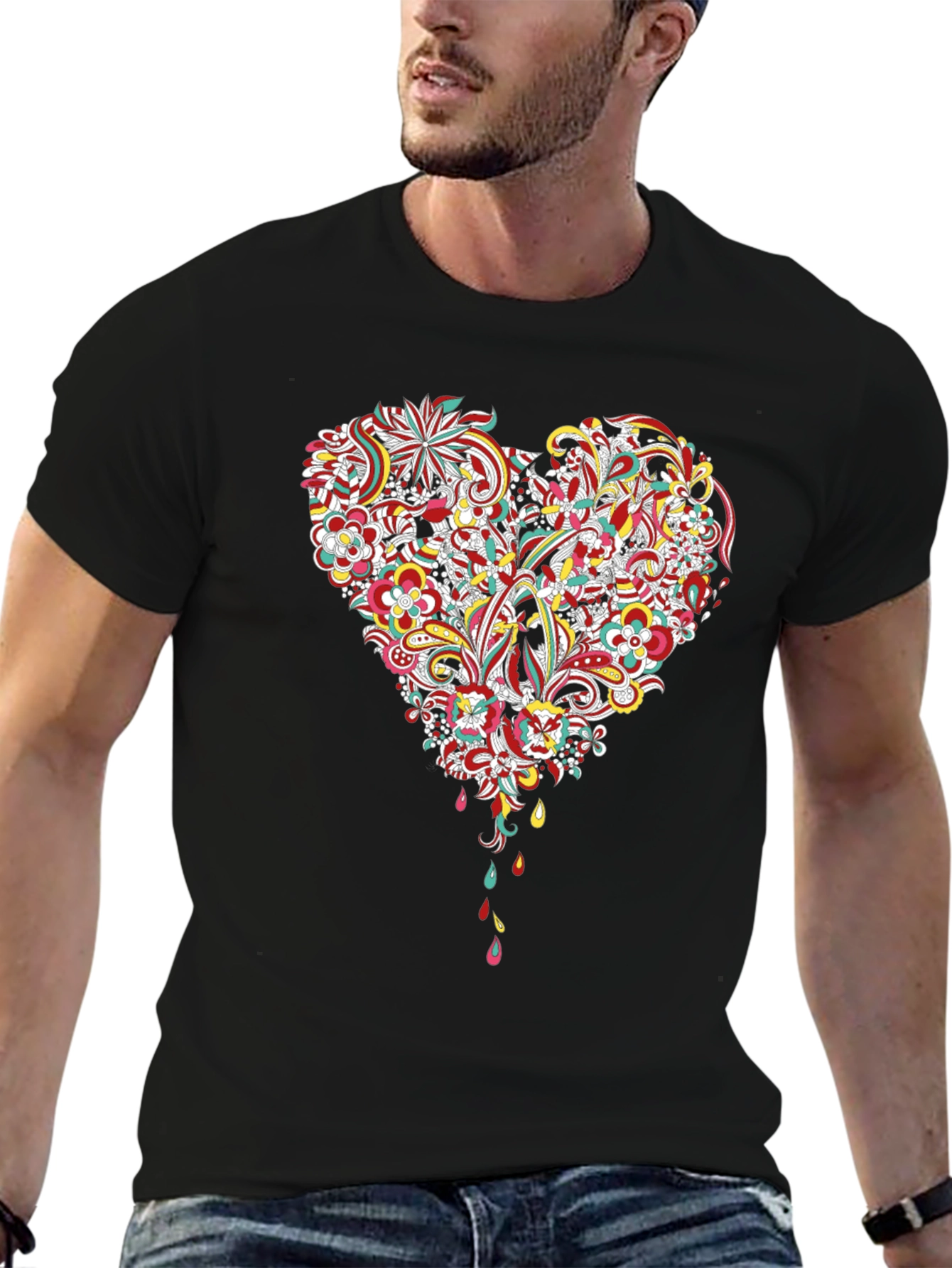 Black Floral Heart Graphic Black T-Shirt view 6