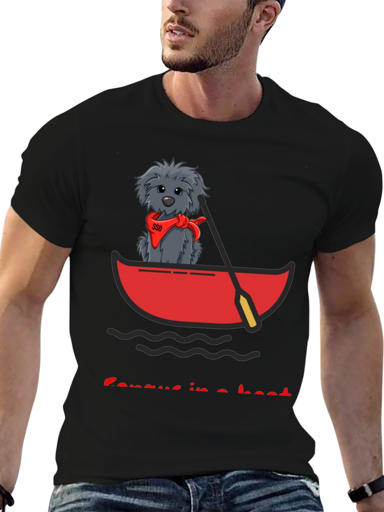 Black Dog in Boat T-Shirt - Cartoon Graphic Tee view 6