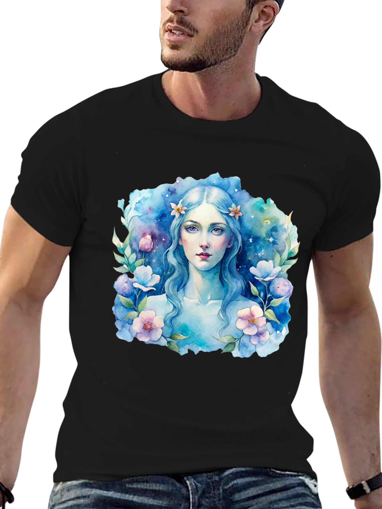 Black Floral Watercolor Woman Graphic Tee - Black T-Shirt view 6