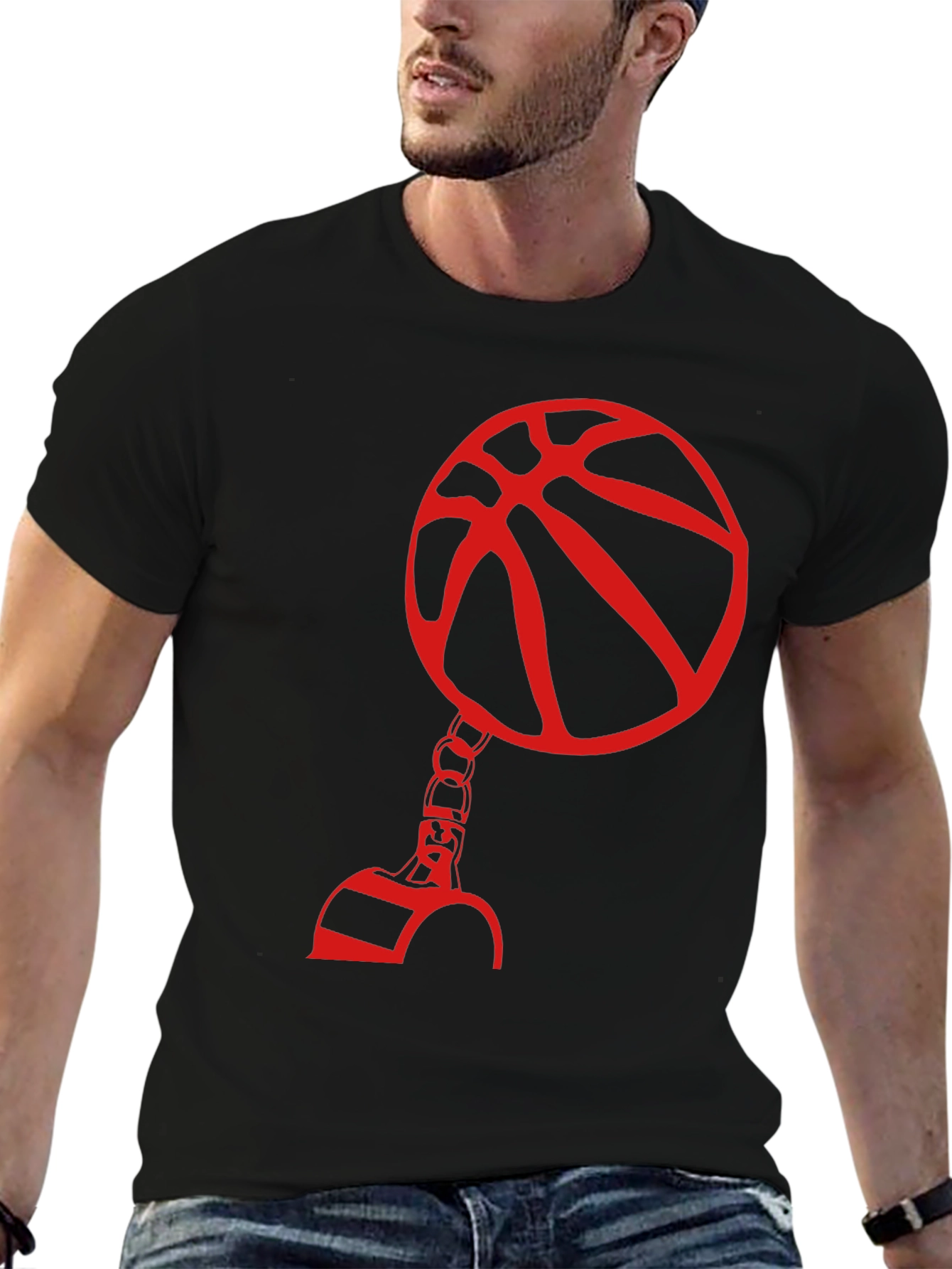 Black Red Basketball Graphic Print Black T-Shirt view 6