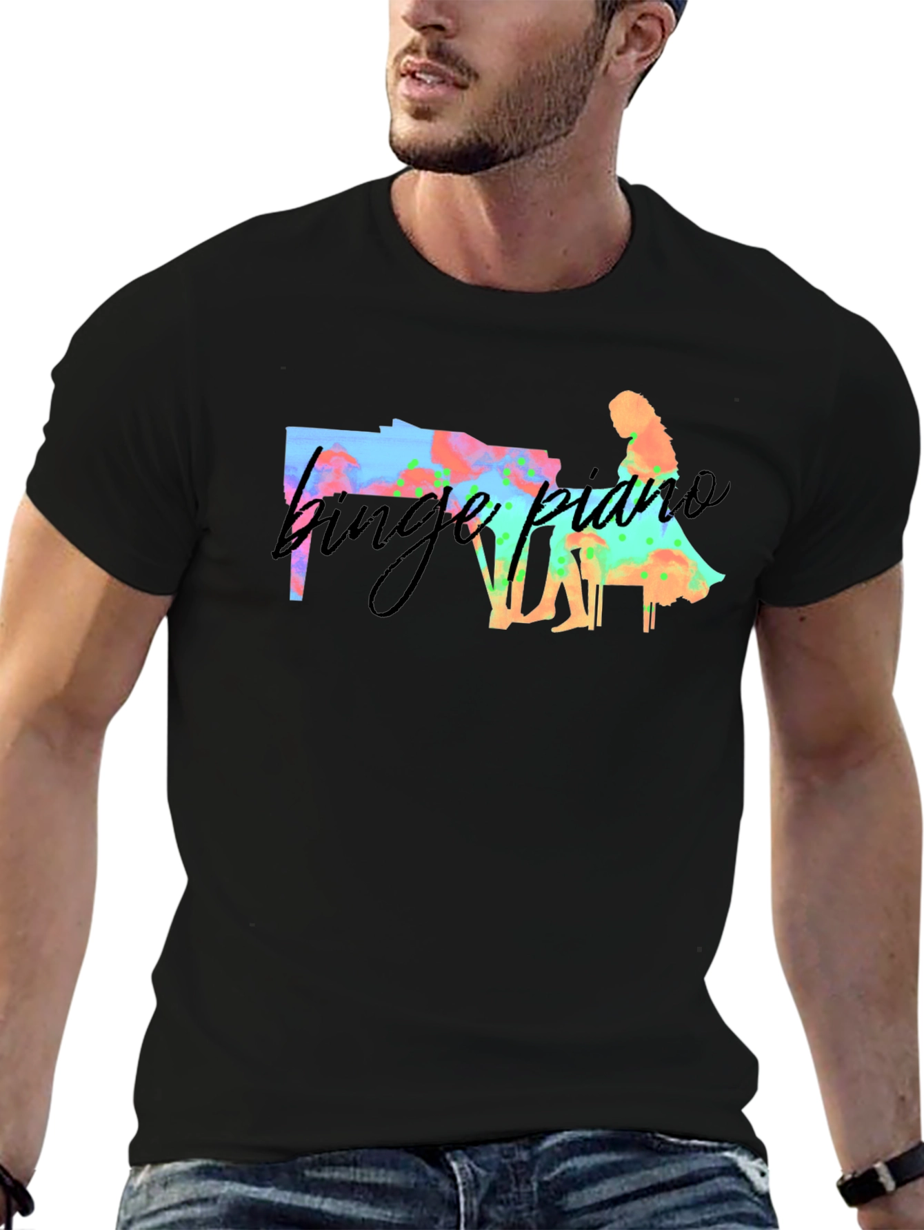 Black Binge Piano T-Shirt - Unique Watercolor Design view 6