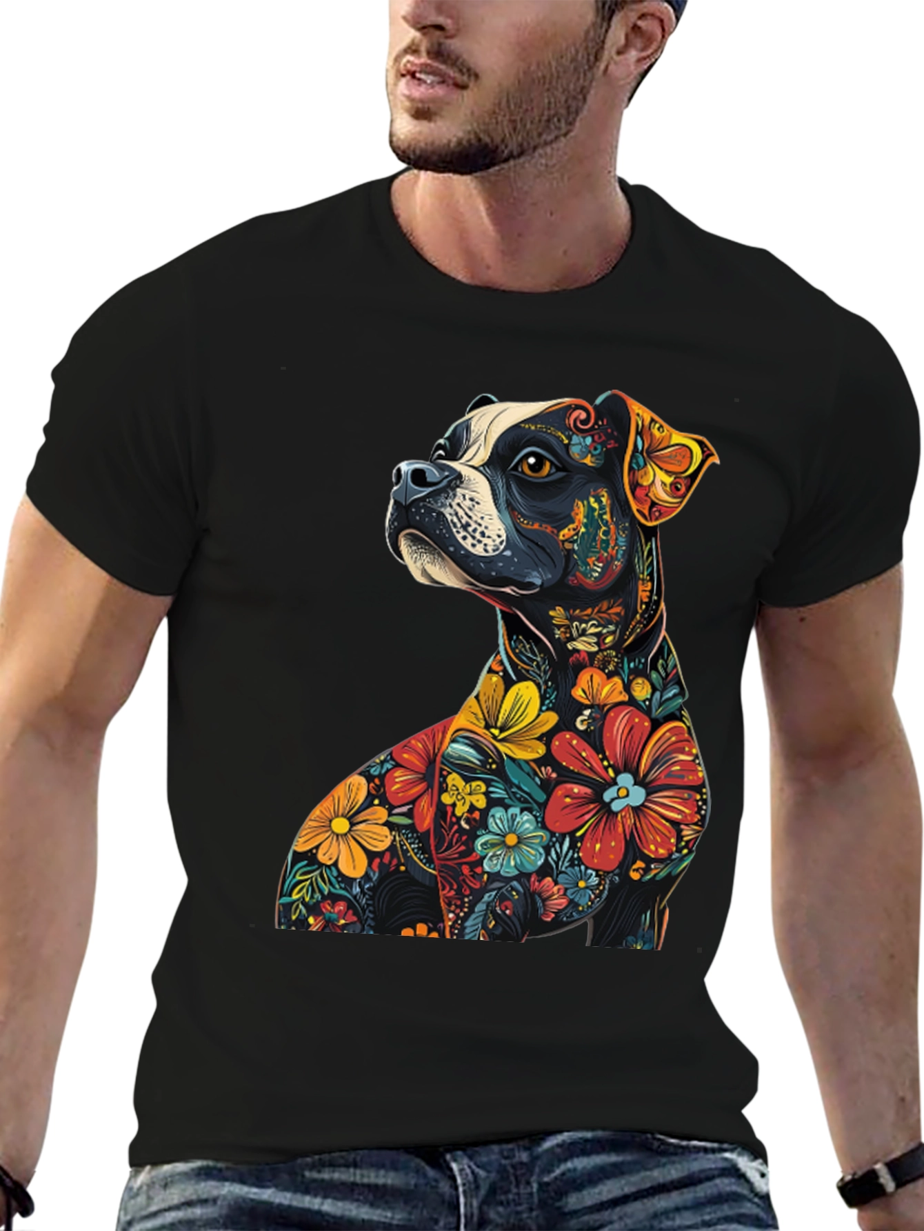 Black Floral Dog Graphic Tee - Unique Black T-Shirt view 6