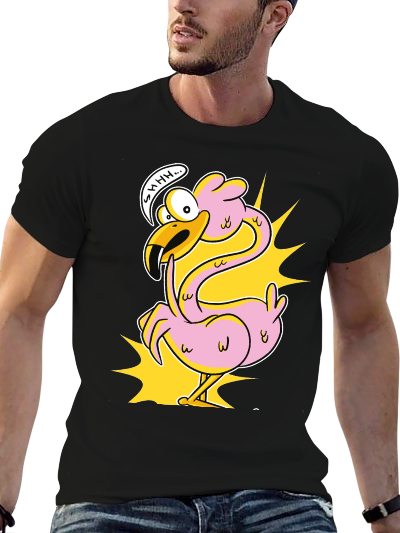 Black Shhh! Flamingo Cartoon Graphic T-Shirt view 6