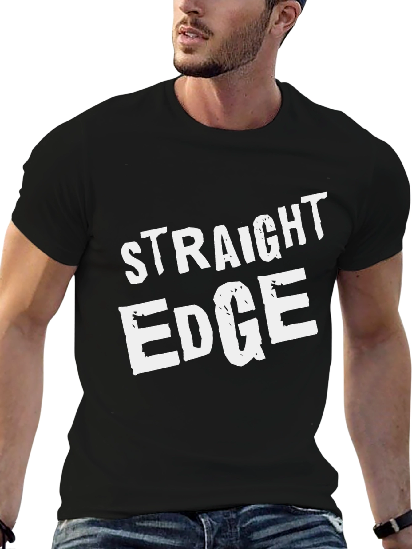 Black Straight Edge Black T-Shirt Crew Neck Casual view 6