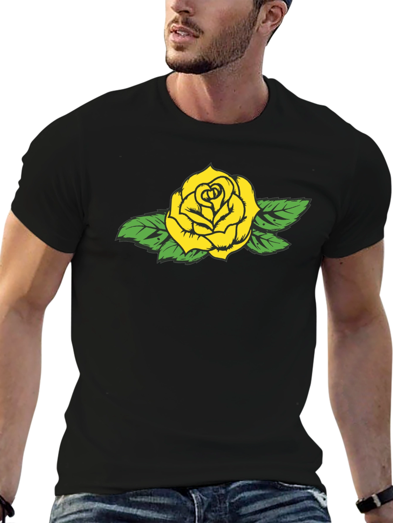 Black Yellow Rose Graphic Black Tee - Stylish Casual Wear view 6