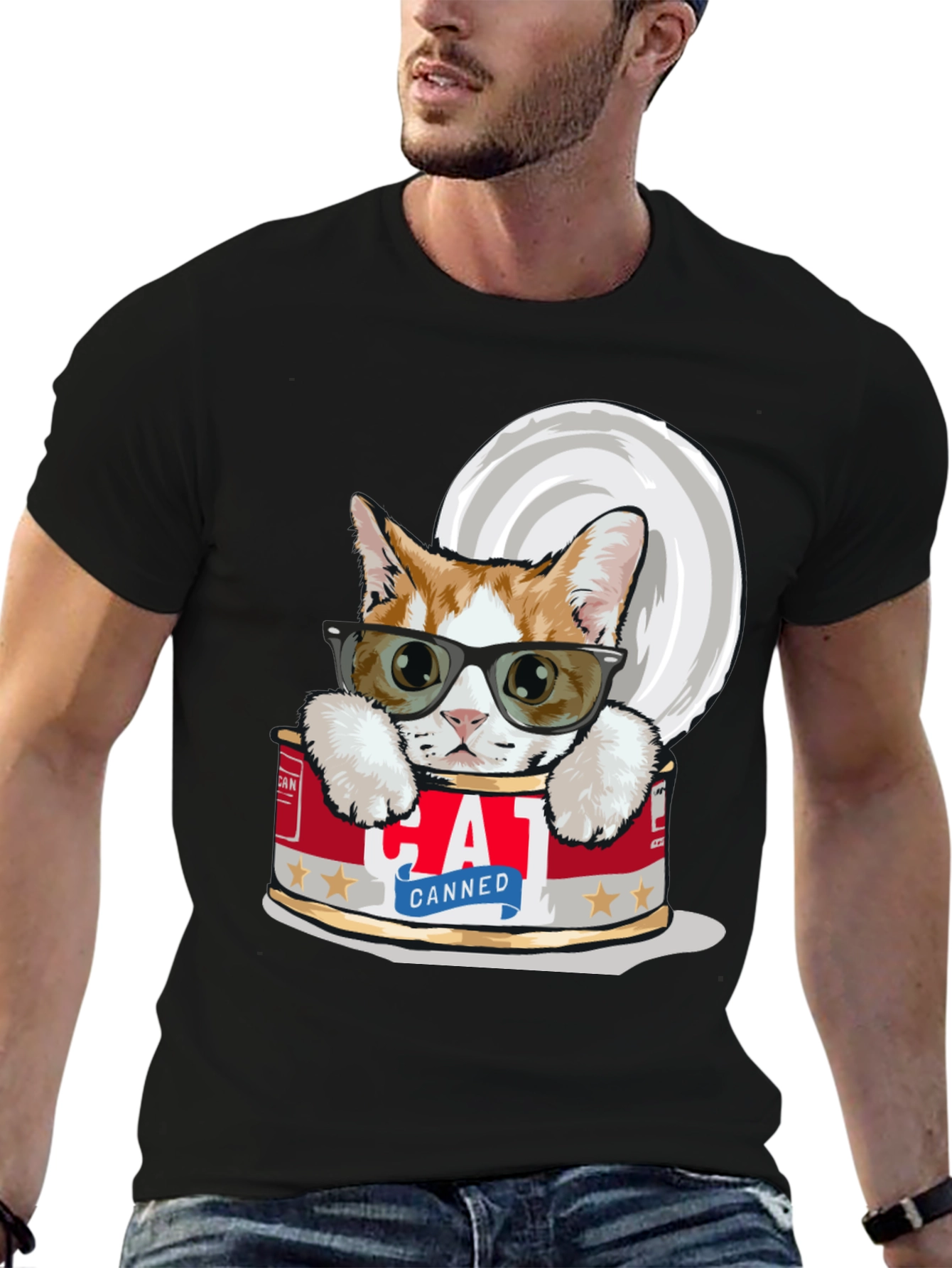 Black Canned Cat T-Shirt - Cool Cat in a Can Tee view 6