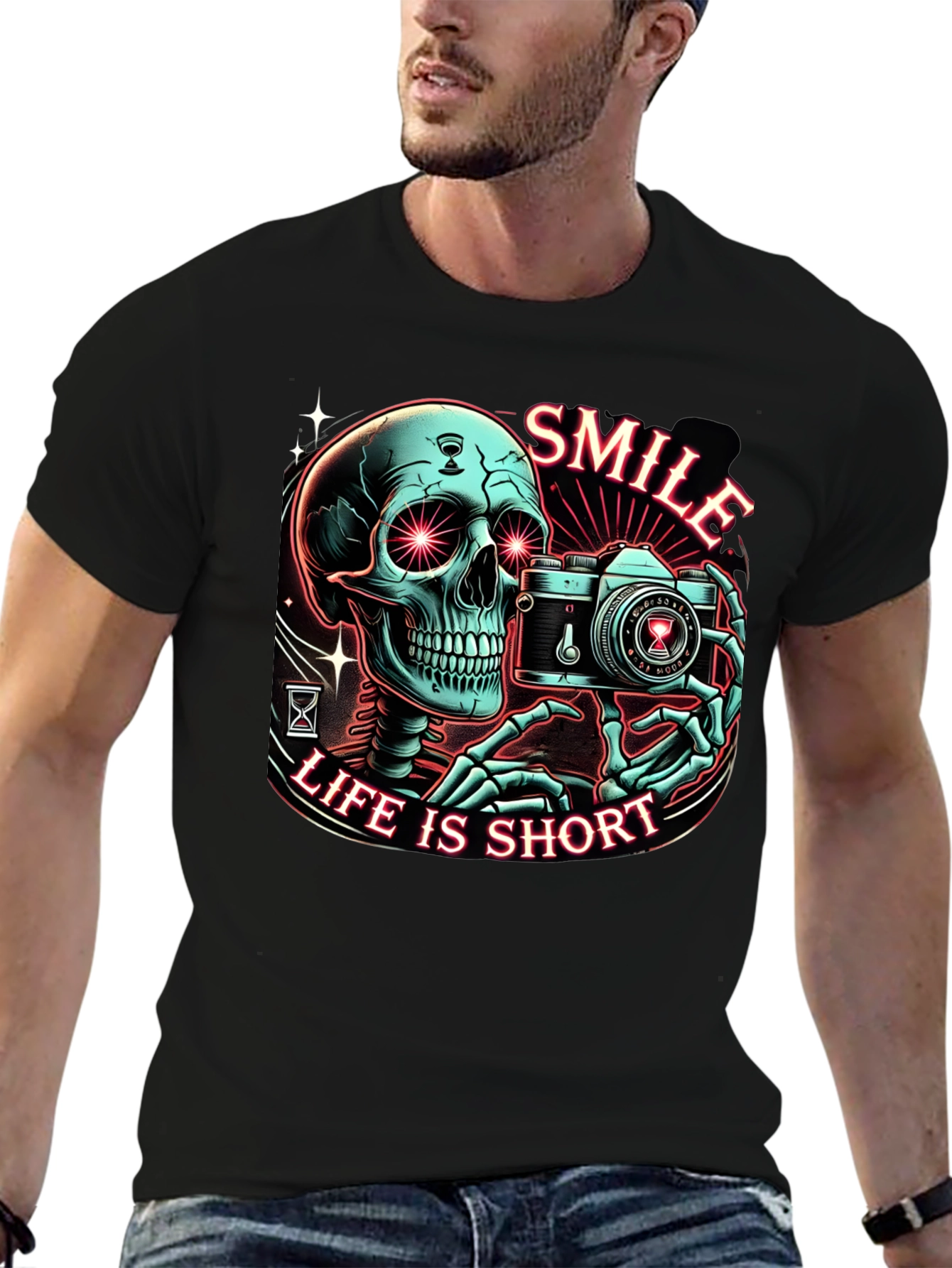 Black Smile Life is Short Graphic Tee - Camera Skeleton T-Shirt view 6