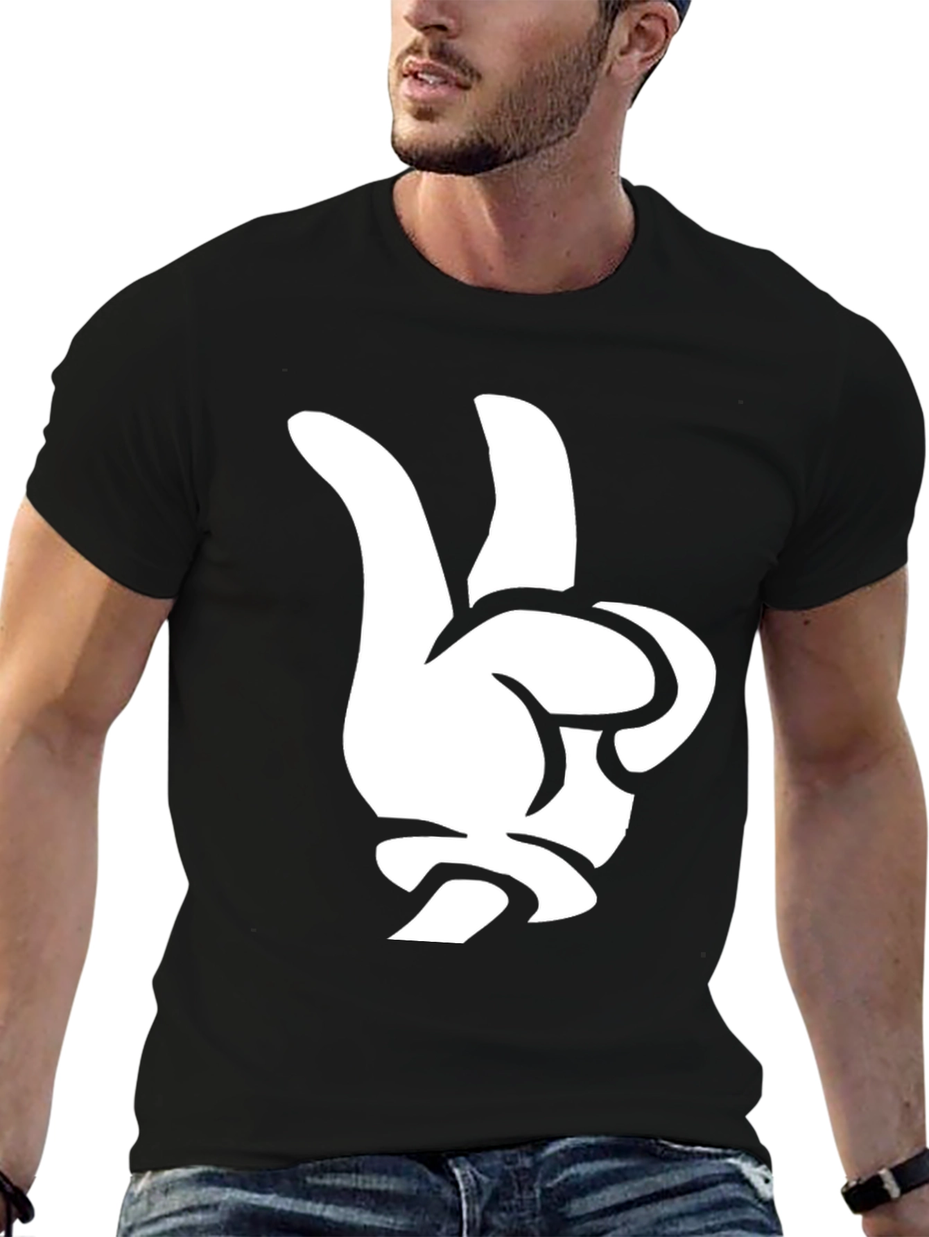 Black Cool Cartoon Glove Peace Sign Black T-Shirt view 6