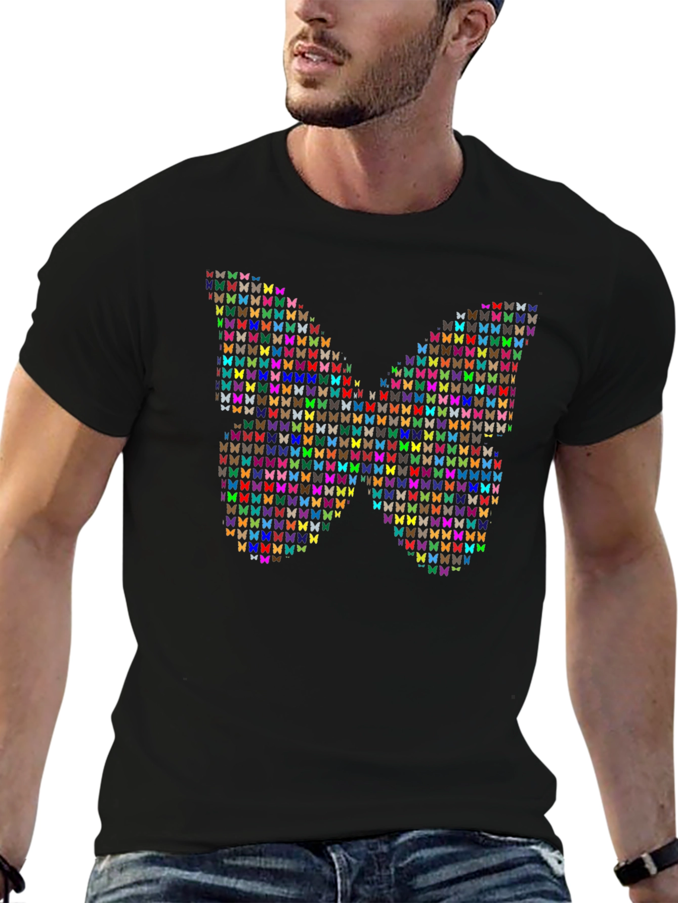 Black Butterfly Mosaic Graphic Tee - Stylish Black Cotton T-Shirt view 6
