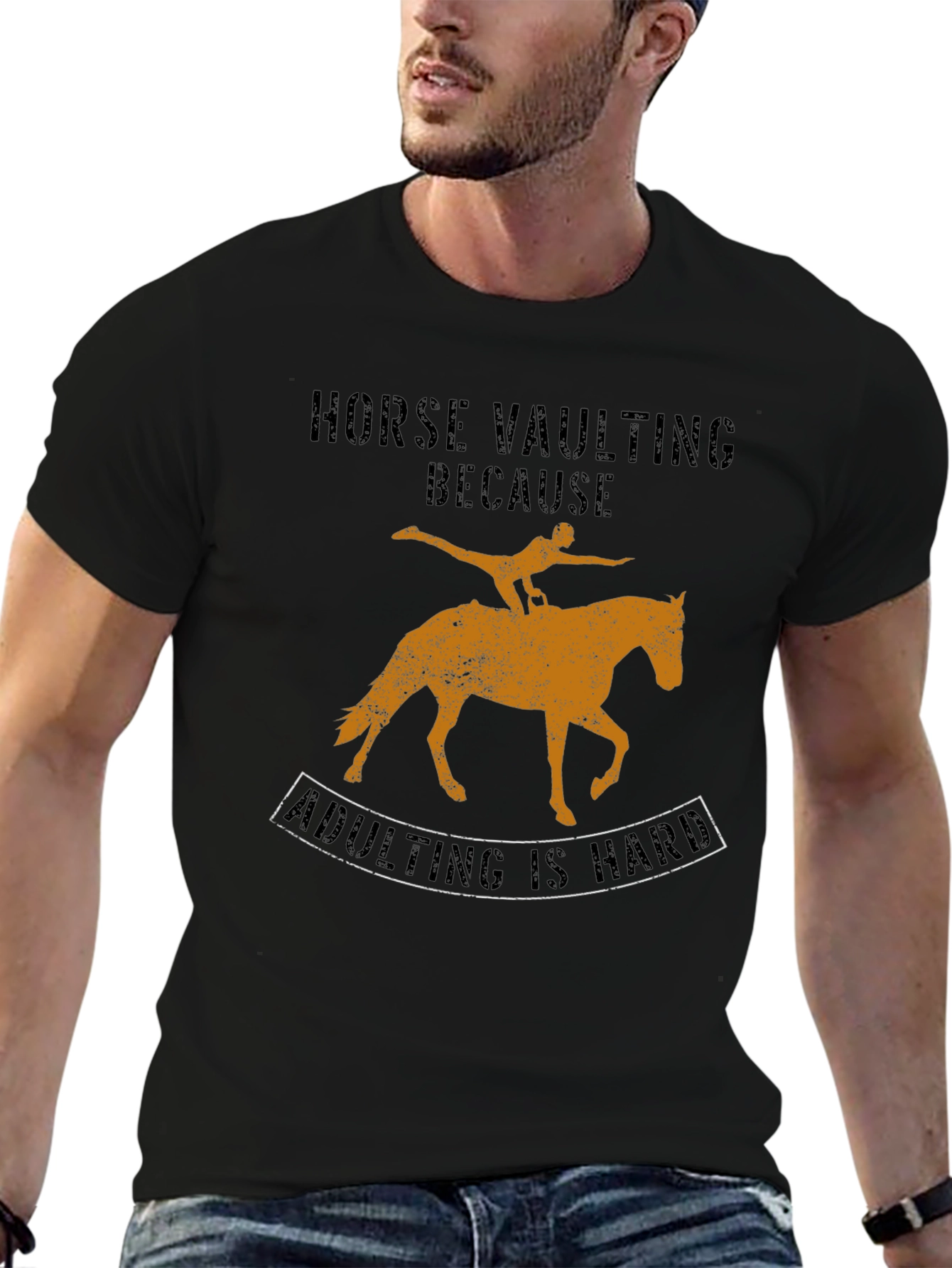 Black Horse Vaulting Adulting is Hard Graphic Tee view 6