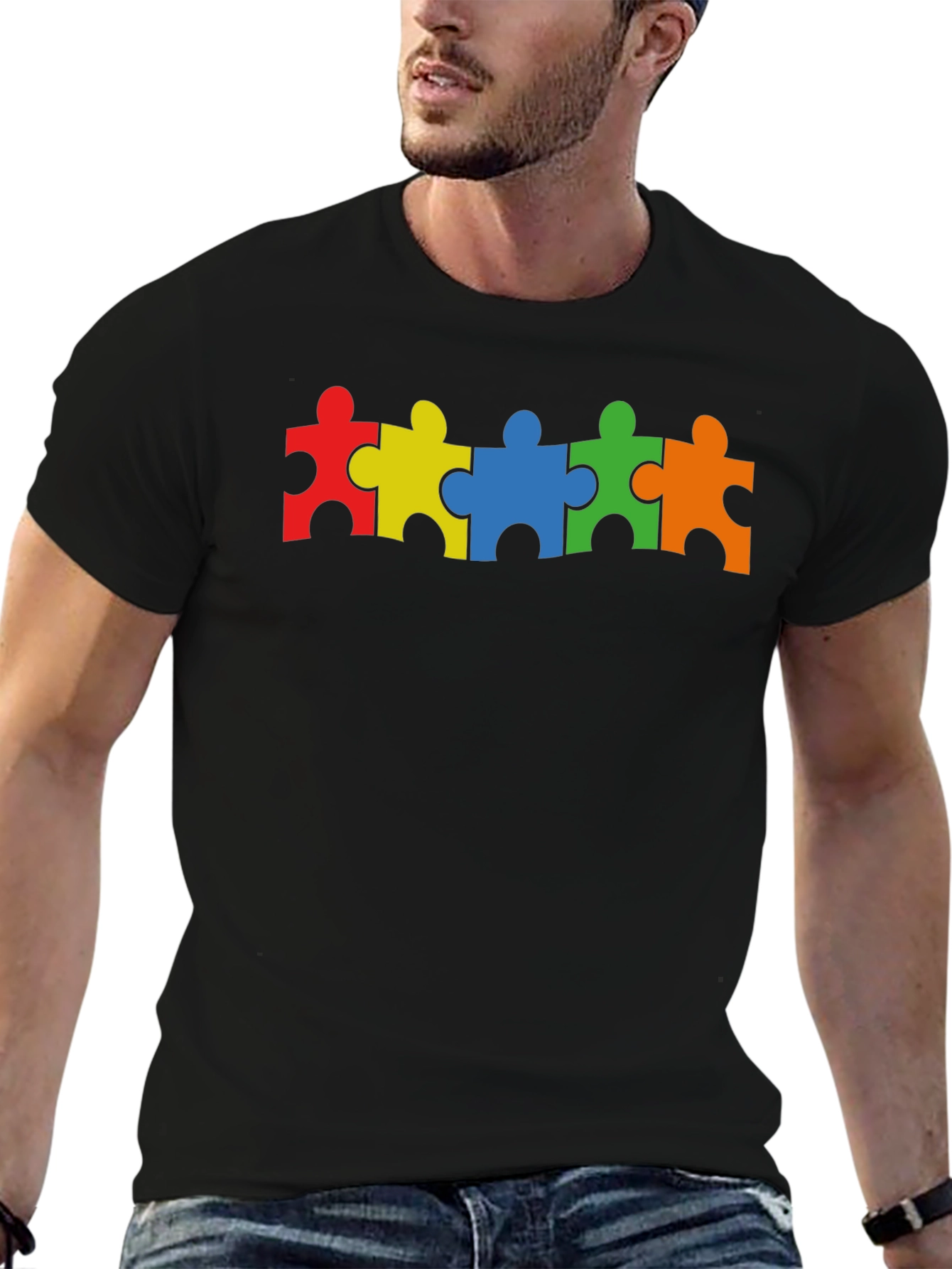 Black Autism Awareness Puzzle Piece T-Shirt view 6