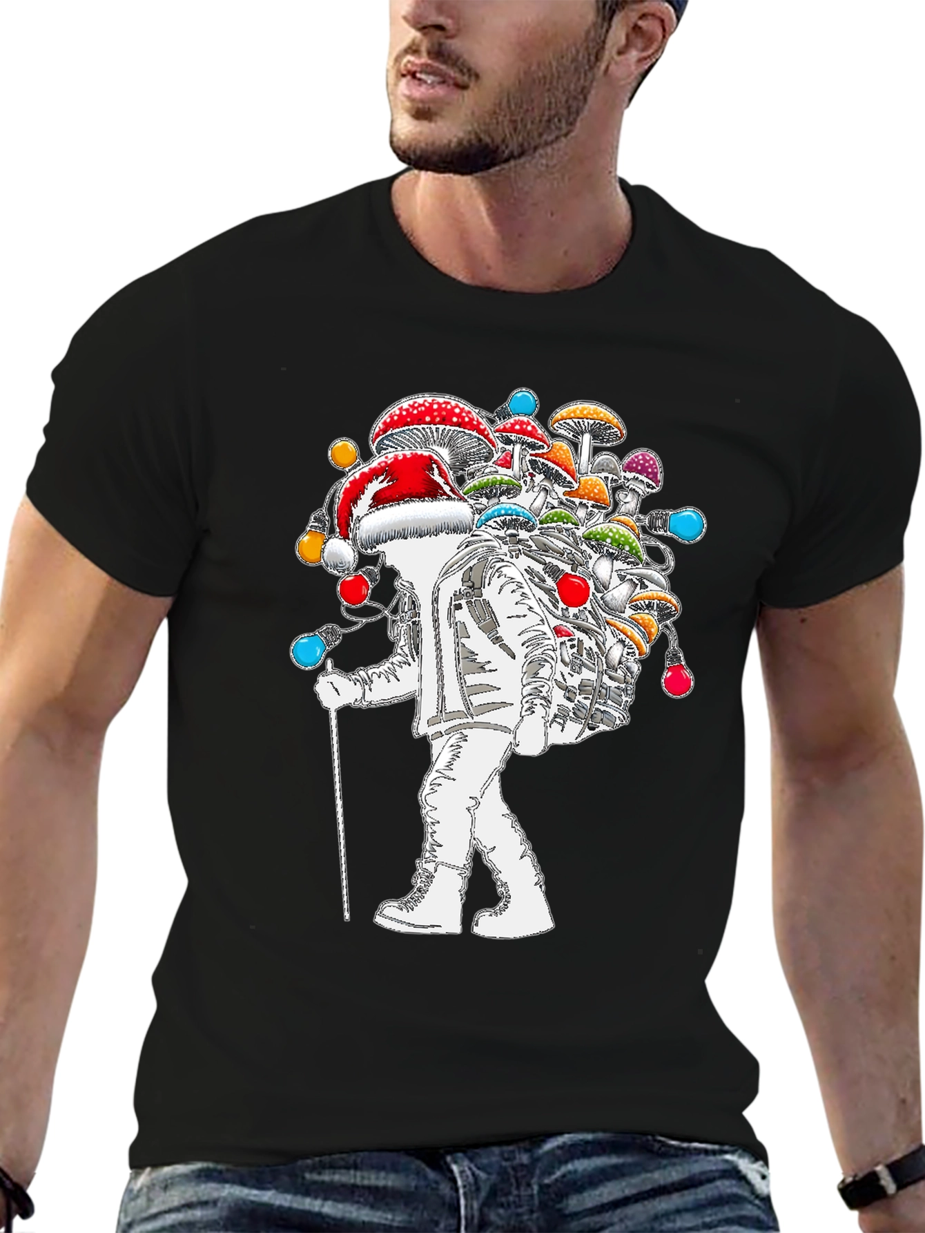 Black Astronaut Santa Mushroom T-Shirt view 6