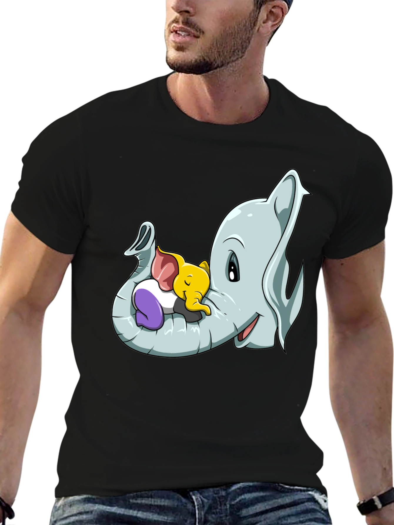 Black Cute Elephant Family Cartoon T-Shirt view 6