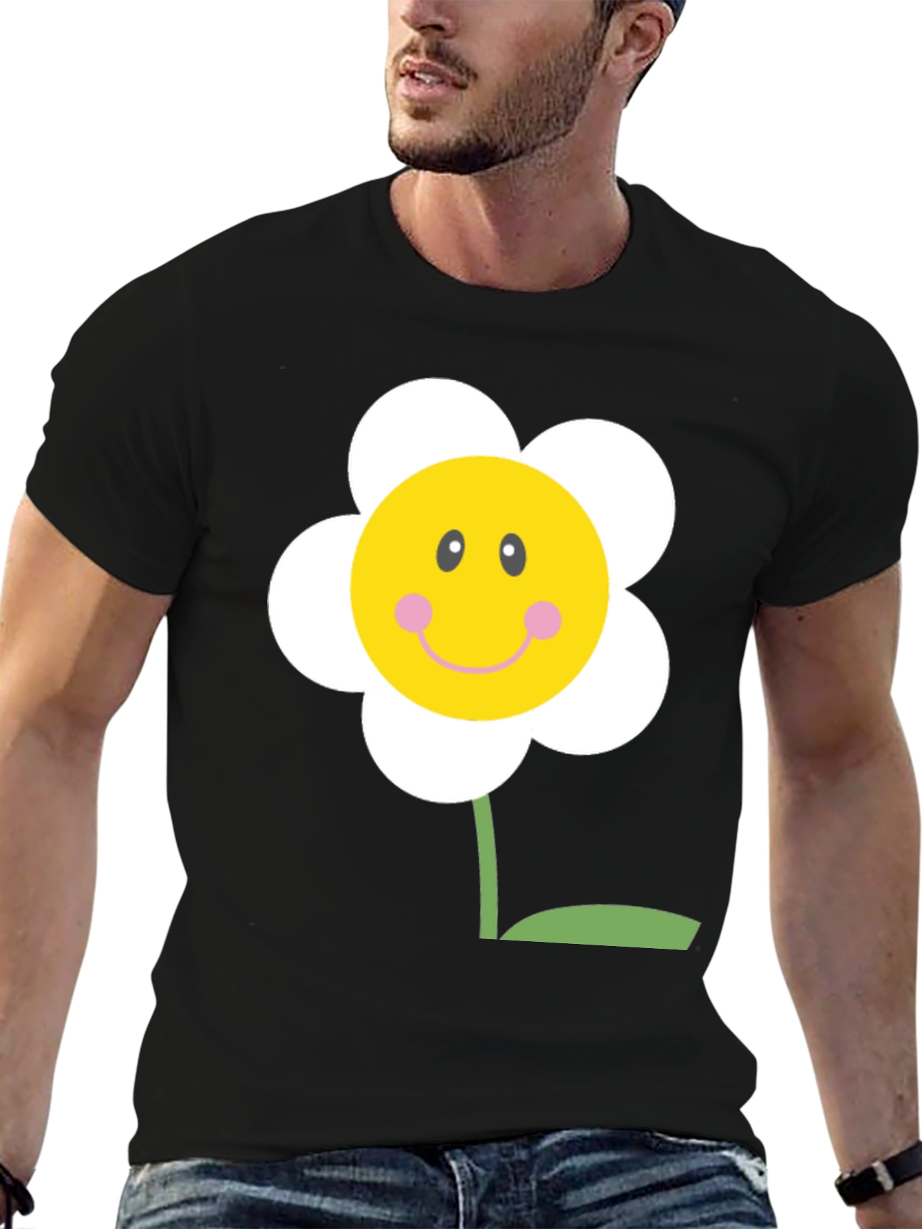 Black Happy Flower Graphic Tee - Black Cotton Shirt view 6