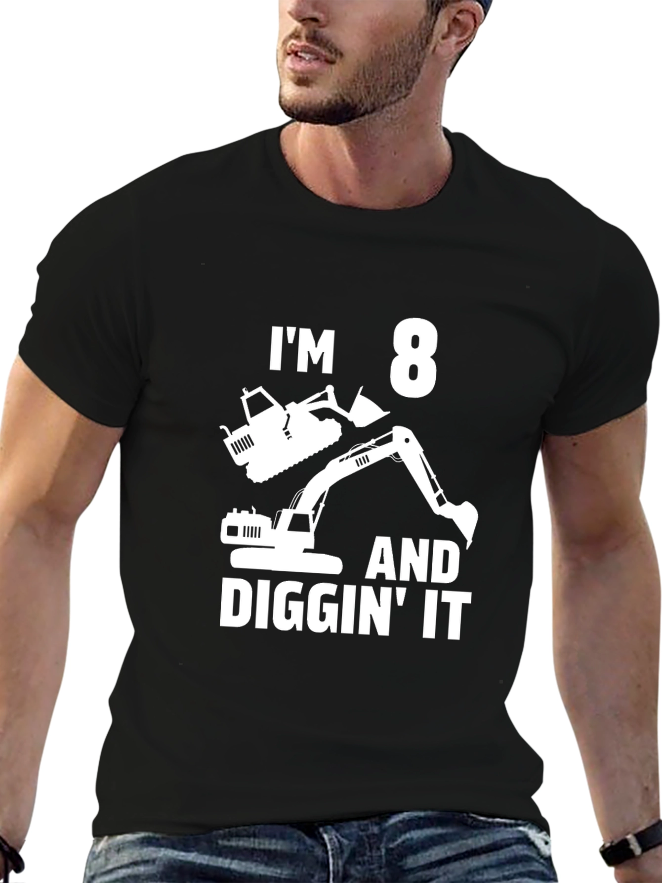 Black I'm 8 and Diggin' It Excavator Black T-Shirt view 6
